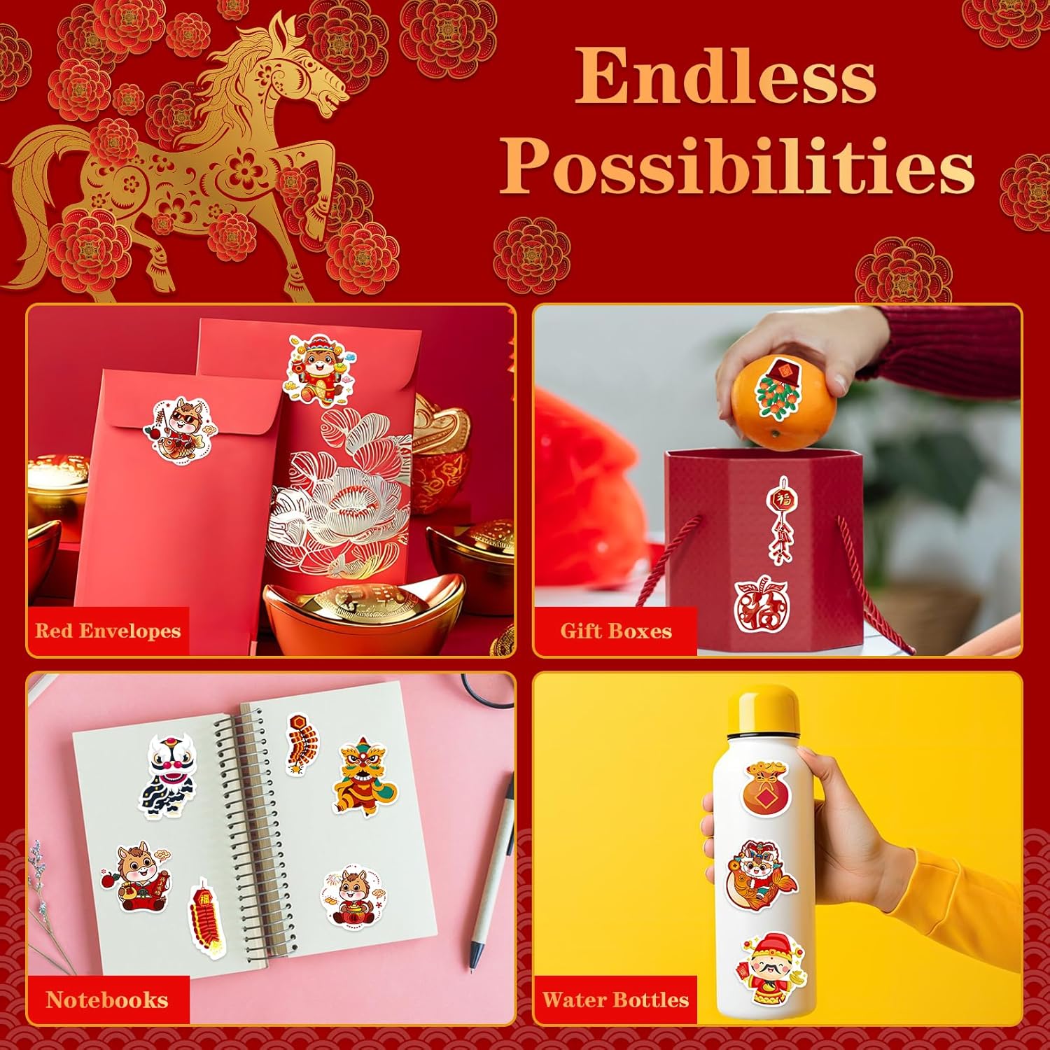 55PCS Chinese New Year Stickers 2026 - Year of The Horse 2026 Lunar New Year Sticker Spring Festival Decals Stickers for Party Favor Supplies