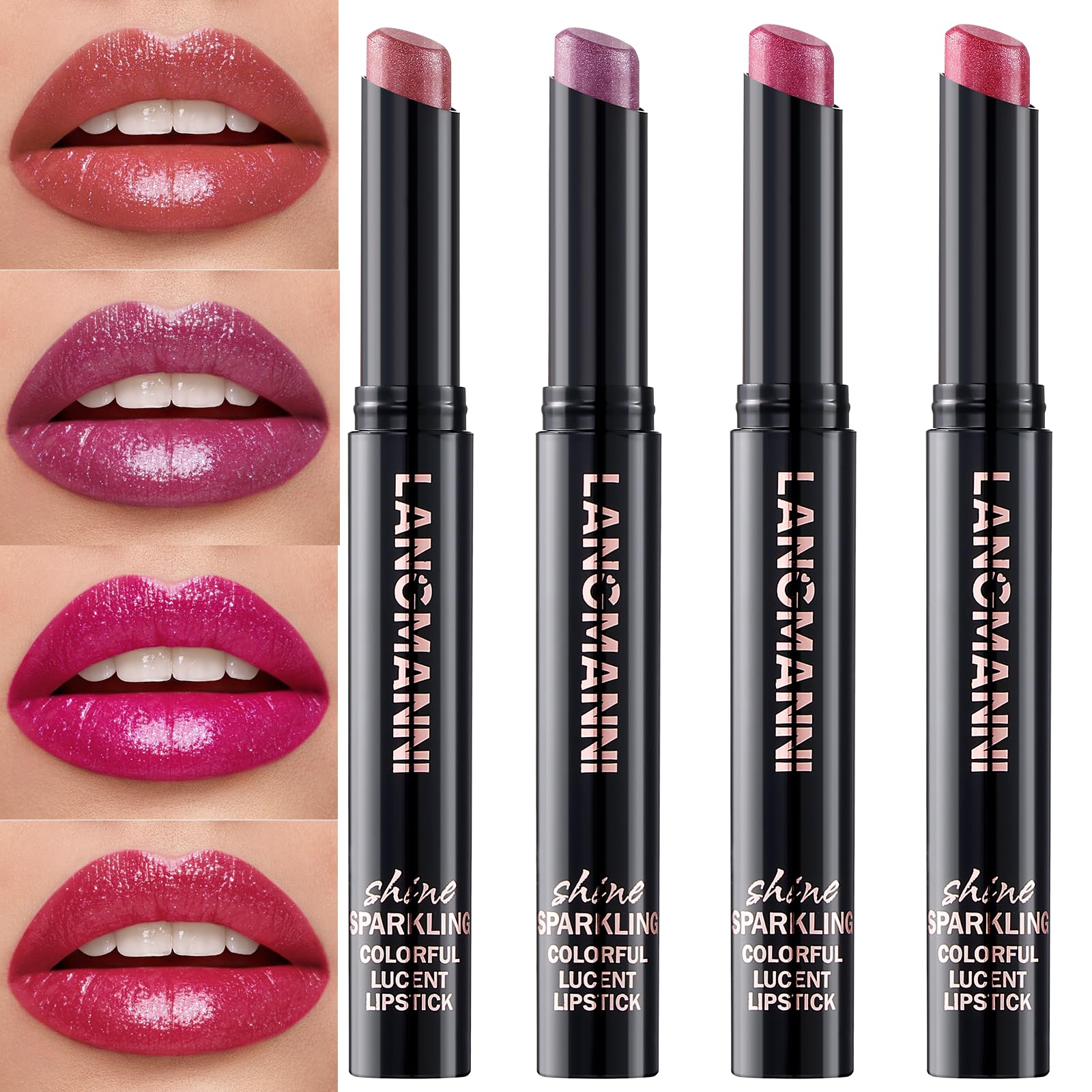 Jolilab 4Pcs Sparkling Lipstick Lip Gloss Long Lasting Waterproof Moisturizer Lip Balm Glitter Shimmer Metallic Lipstick, Diamond Shiny Bold Glow Goth Lipstick for Women Girls,Non-sticky(05+06+07+08