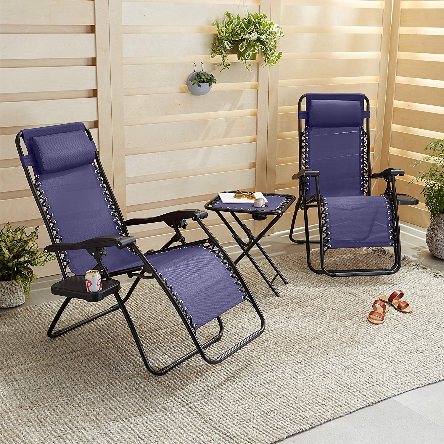 GOVITA - Coppia Sdraio da Giardino con Portabicchieri e Poggiatesta Regolabile, Sedia Pieghevole Zero Gravity da Esterno, Poltrona Relax, Carico Massimo 120kg (2)