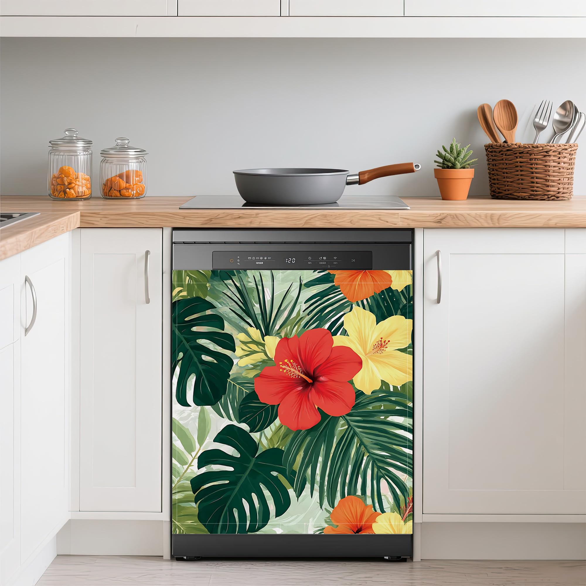 Tropical Flowers Dishwasher Covers for The Front Magnetic,Summer Palm Leaves Refrigerator Magnets Decoration,Reusable Dishwasher Cover Panel for Home Kitchen Decor 23x26 Inch