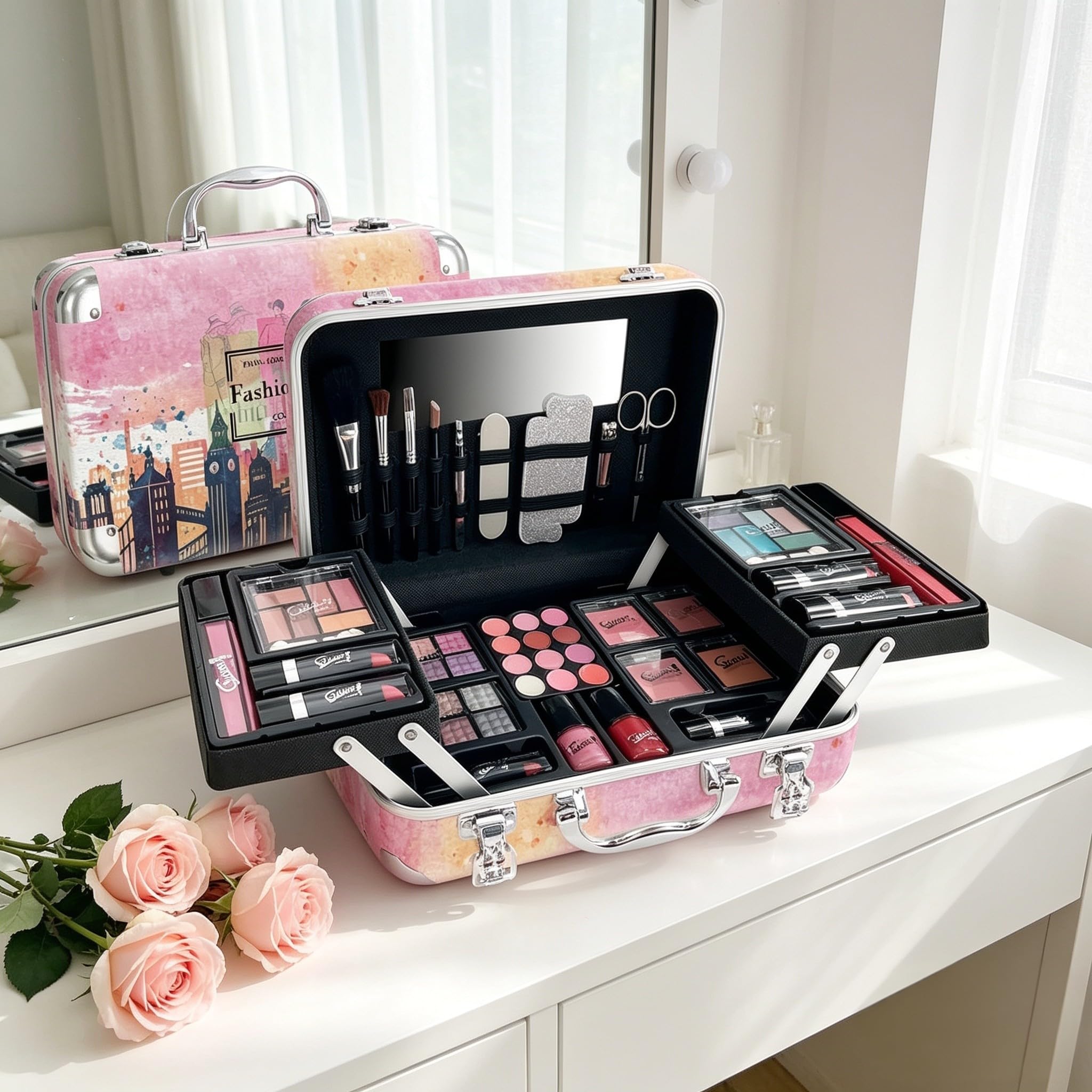 GLOSS! Pomysł na pudełko kosmetyczne dla kobiet | pudełko prezentowe dla kobiet | prezenty świąteczne | Paris XL paleta do makijażu dla kobiet | 60 sztuk: róż, cień do powiek, szminka, lakier do
