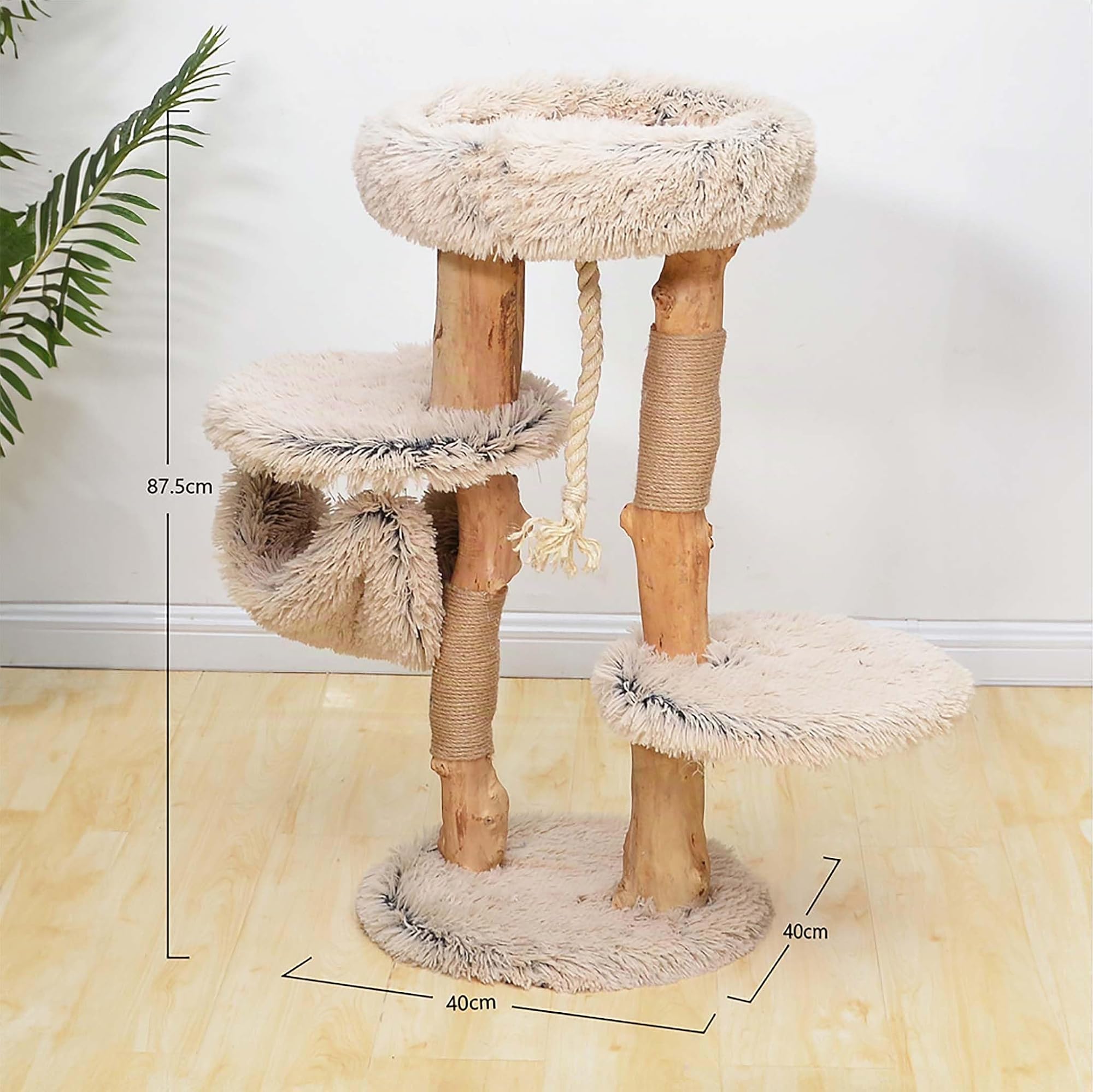 Fudajo Árbol rascador de diseño para Gatos 87,5cm con hamacas, Peluche y Troncos de Madera de peral