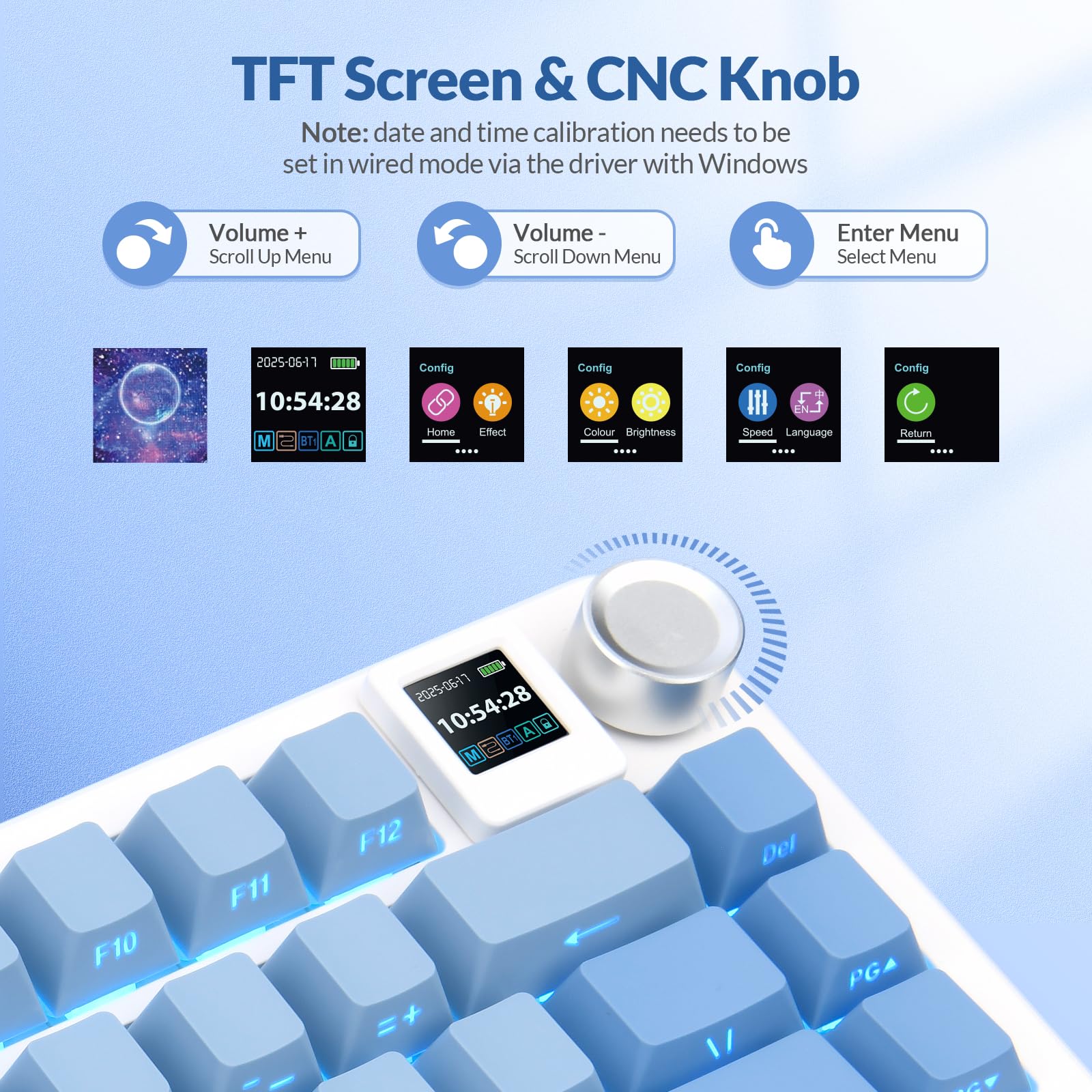Rii Tastiera meccanica wireless da gioco con display TFT e manopola, tastiera cremosa sostituibile a caldo con retroilluminazione RGB, trimodalità BT/2.4G/USB-C, per Windows/Mac/Linux (blu)