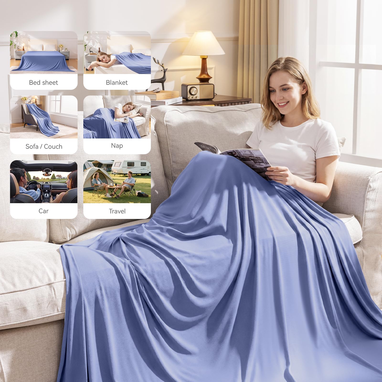 Enfriamiento de Verano, Manta refrescante para Sudores nocturnos, Japonesa Q-MAX> 0,45, Manta de Verano para Cama, sofá, Silla, Viajes, para Dormir Caliente, Liso-Azul, 228 x 259 cm