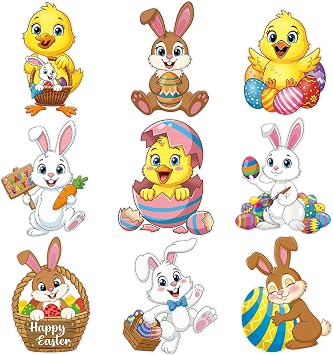Large Easter Bunny Cutouts Chicks Cardboard Cutout Happy Easter Bulletin Board Decorations Wall Decor Double Sided Printing Classroom Decals for Holiday Party Supplies Paper Cut Outs Window Home 9 Pcs