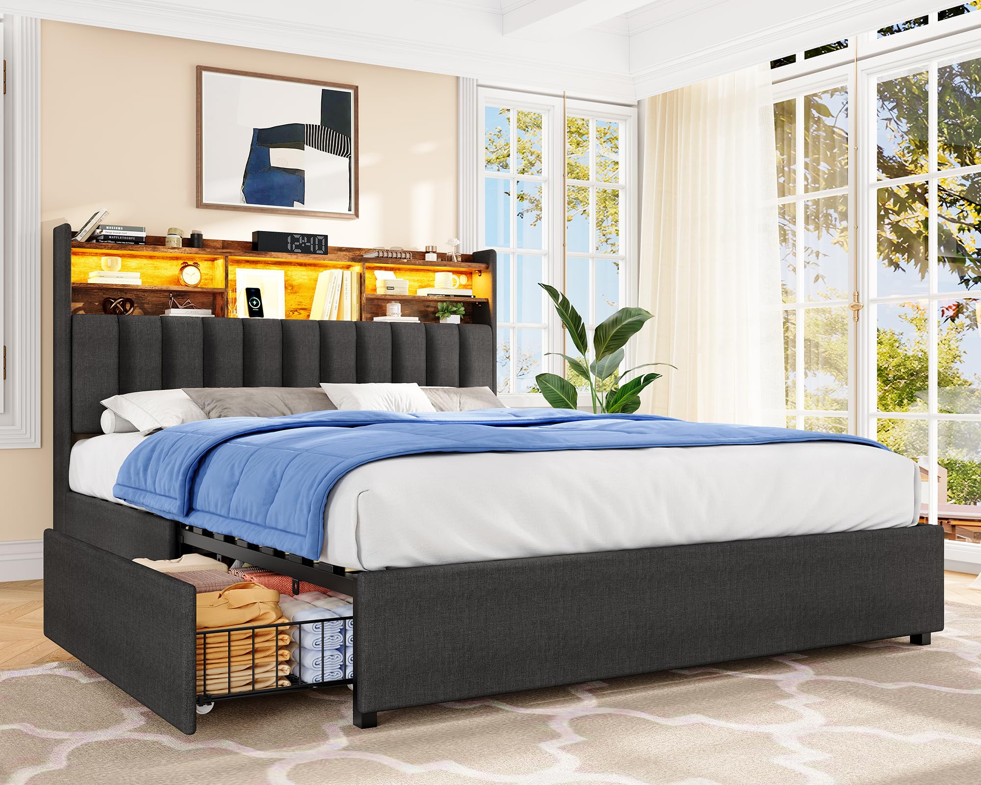 TEENFON Queen Bed Frame with Headboard and 4 Drawers Storage, Bed Frame Queen Size Built in LED Lights and Charging Station, Sturdy &amp; Noise-Free Upholstered Platform Metal Support Bed, Dark Grey