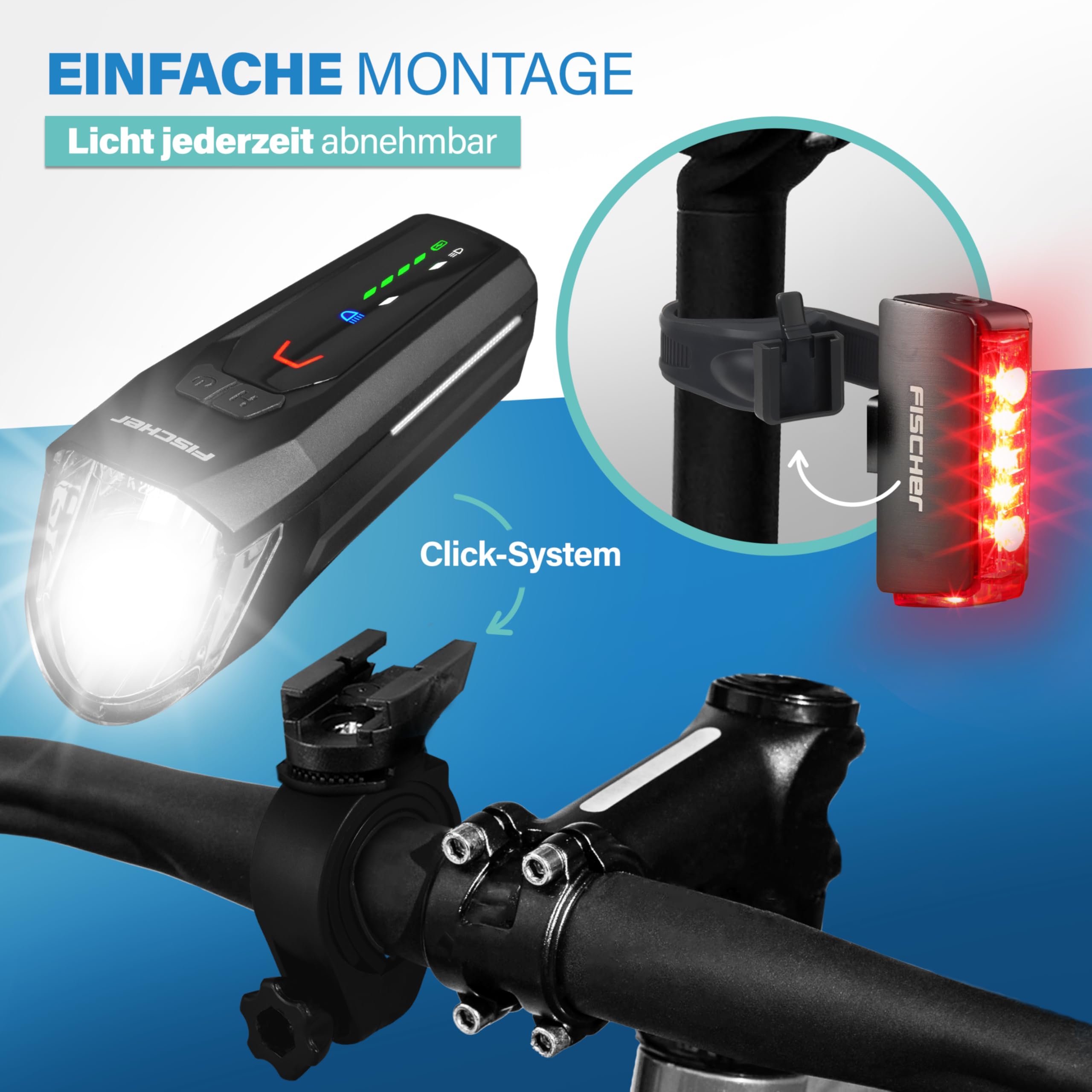 Fischer Fahrrad LED-Akku Beleuchtungs-Set Twin Stop 100 Lux, mit Sensormodus, Lange Leuchtdauer, stabiles Aluminium-Gehäuse, schwarz, 1 Stück