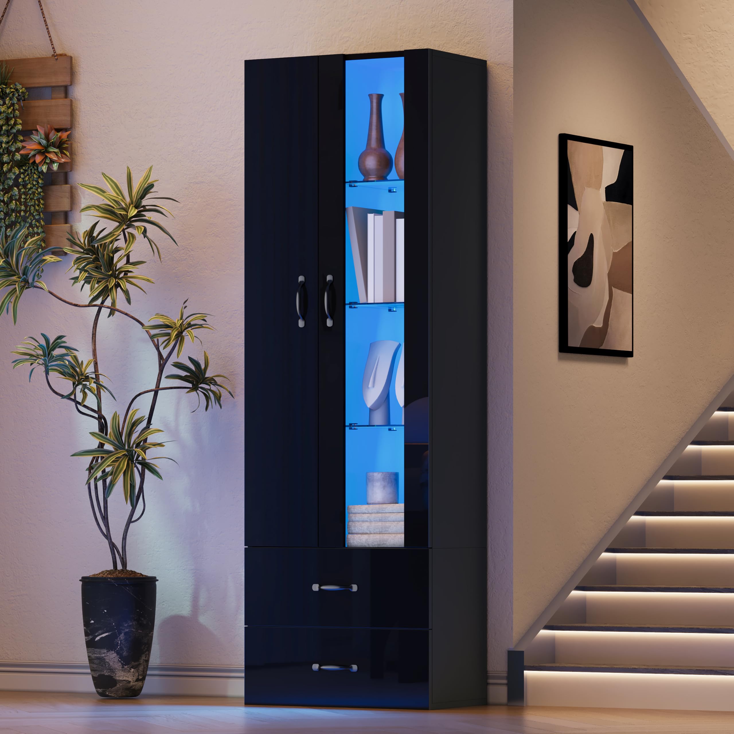 Vitrina de pie con 2 puertas y 2 cajones, vitrina de cristal con iluminación LED, armario multifunción para armario de salón y comedor (negro, 60 x 35 x 182,5 cm)