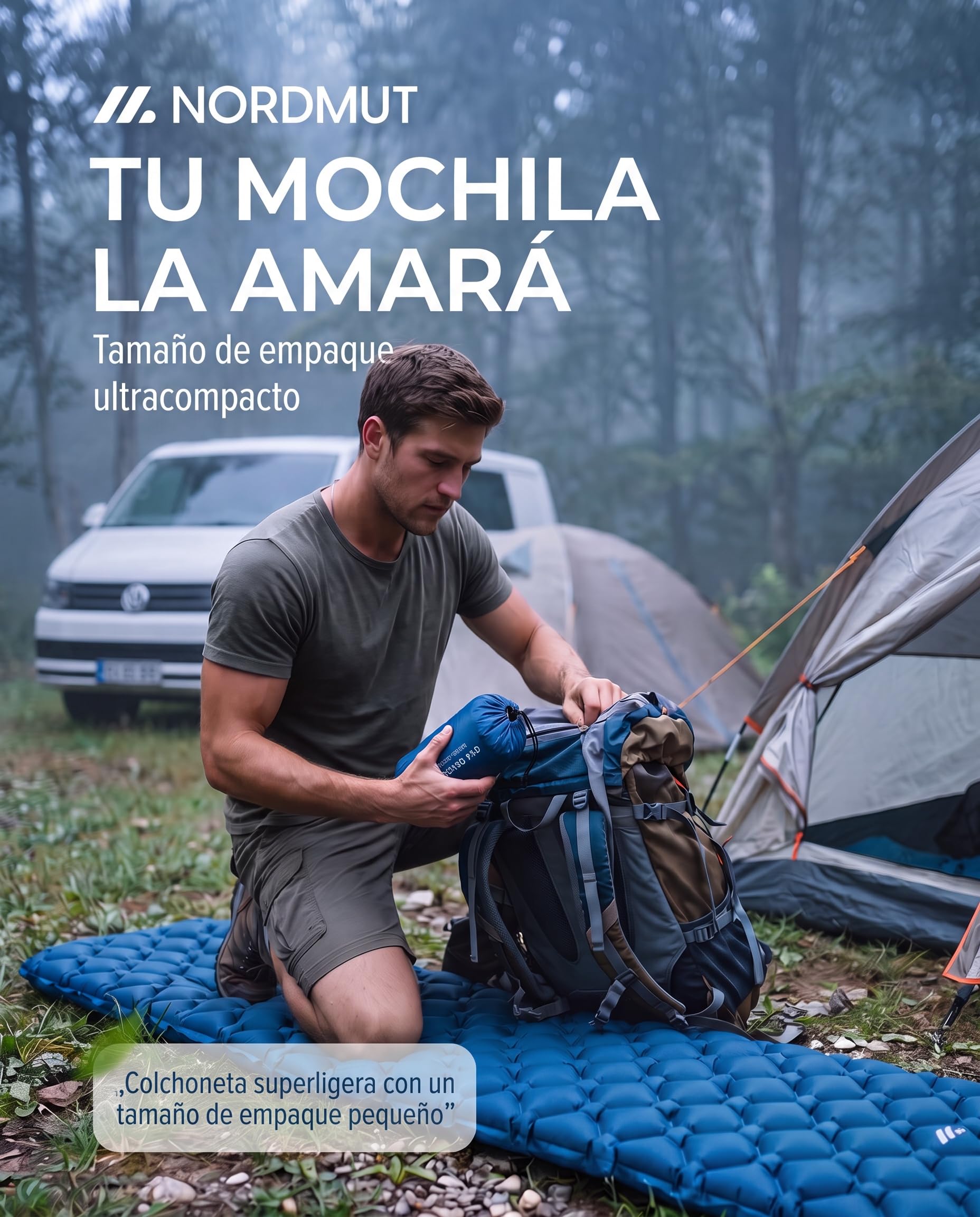 NORDMUT® Colchoneta Ultraligera [con Kit de Reparación] – Colchón Inflable de Camping, Tamaño Compacto – Colchoneta Outdoor Impermeable para Tienda & Festivales (Azul)