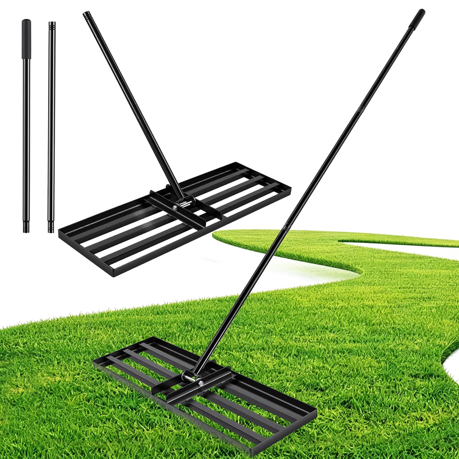 Nivelador de césped con mango regulable de 200 cm, rastrillo de nivelación de césped de 76 x 25 cm, de acero al carbono, rastrillo de césped para nivelar para jardín, patio y cuidado del césped