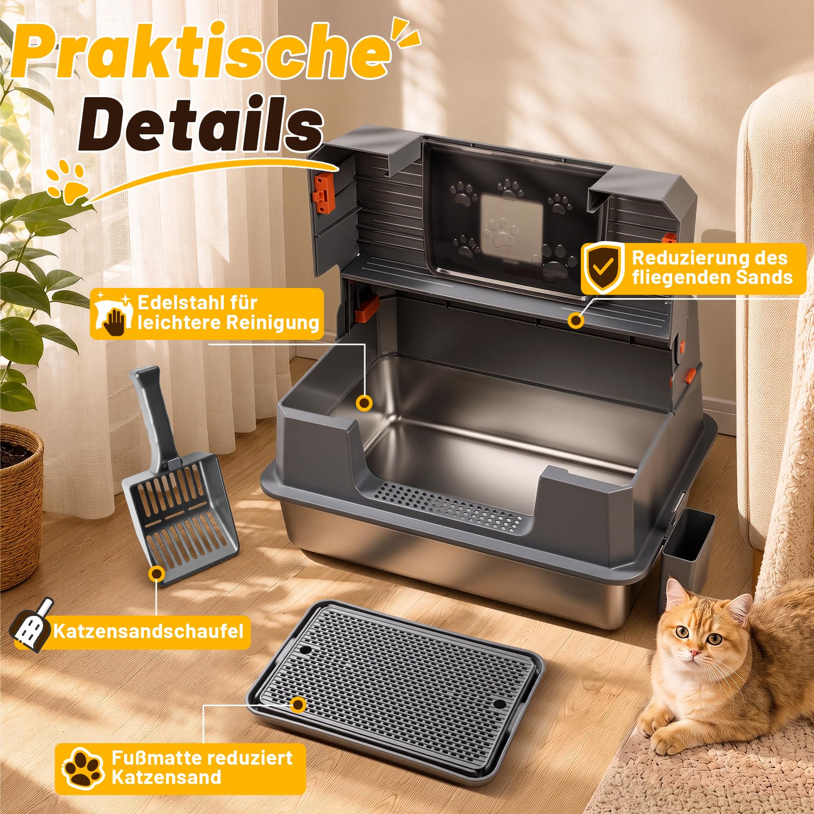 XXXL Edelstahl Katzentoilette mit Klapphaube,72.8 x 51 x 43 cm