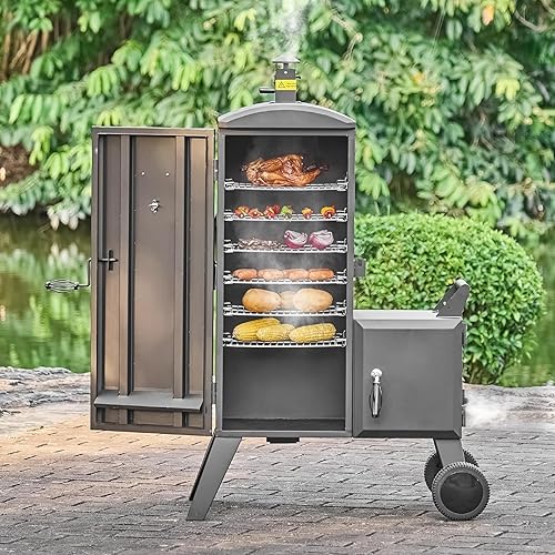 Miniatura 8 de VEVOR Ahumador de carbón compensado, ahumador de acero resistente con caja de combustión lateral, ahumadores móviles para barbacoa al aire libre con