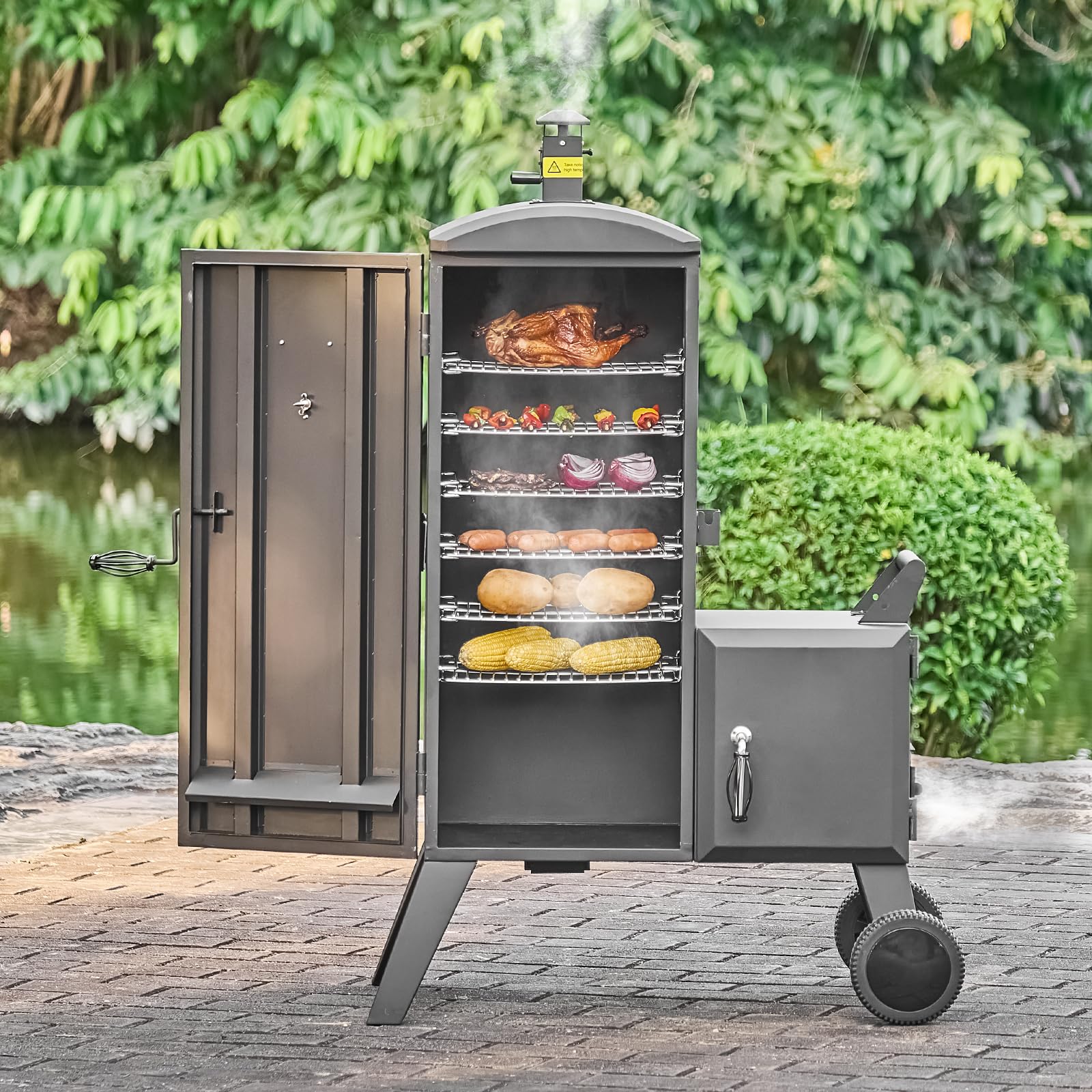 VEVOR Affumicatore Offset a Carbone per Barbecue in Acciaio Resistente con Focolare Laterale, con 6 Griglie Regolabili, Termometro e Prese d'Aria per Cucinare in Giardino o in Terrazza