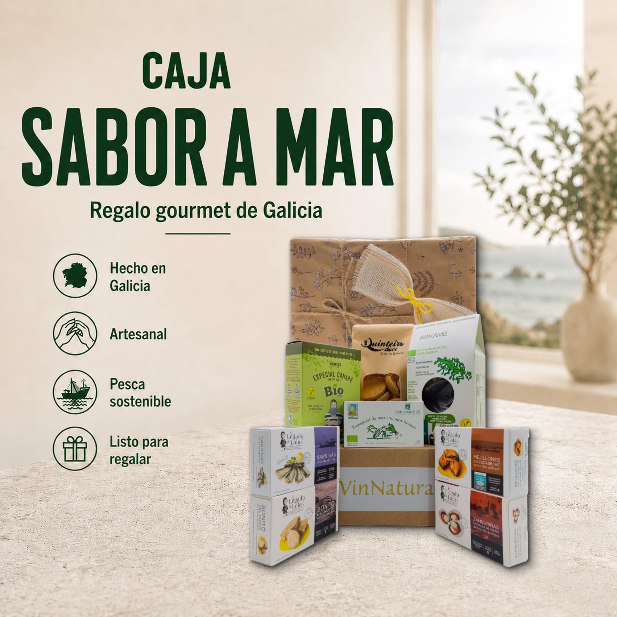 Caja Regalo Gourmet Sabor a Mar de VinNatura con Conservas Artesanales | Cesta gourmet de Galicia, regalos de empresa, celebraciones, elaboración tradicional, tarjeta personalizable