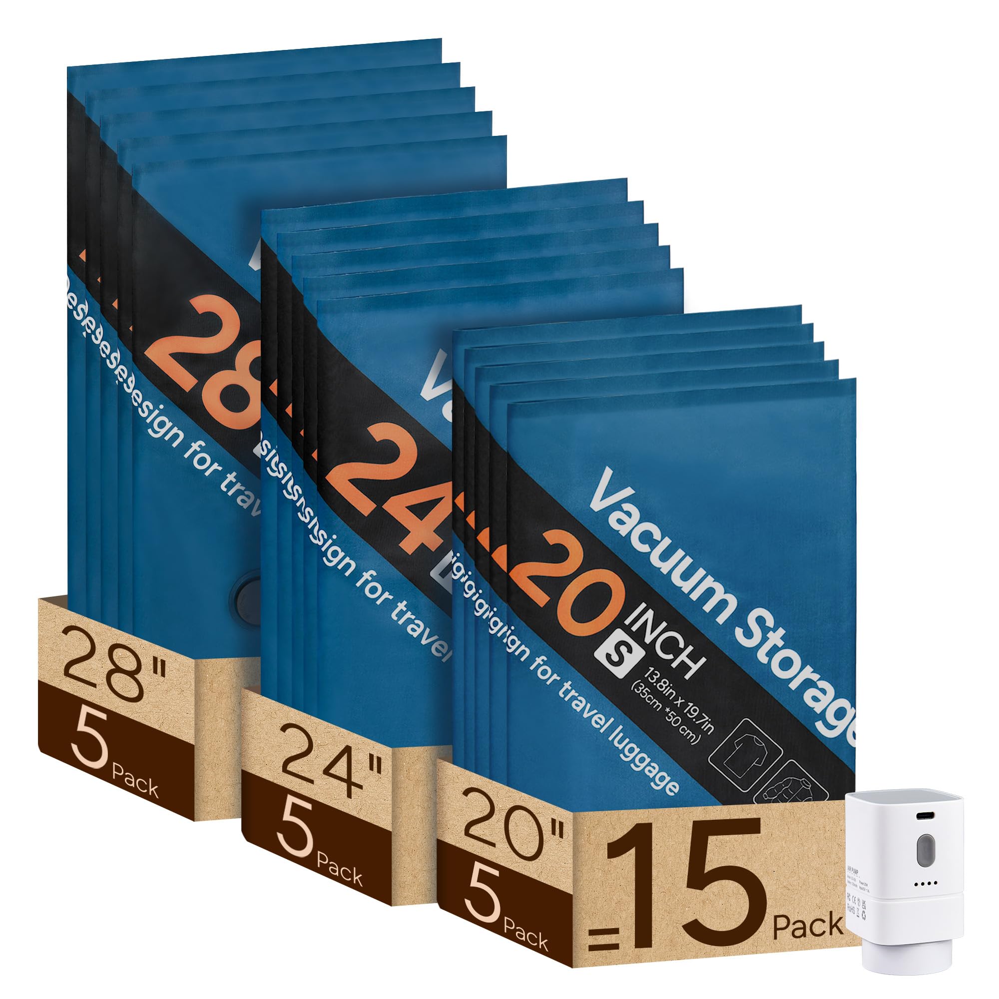 travel inspira Vacuum Bags for Travel with USB-C Rechargeable Pump 15 Pack