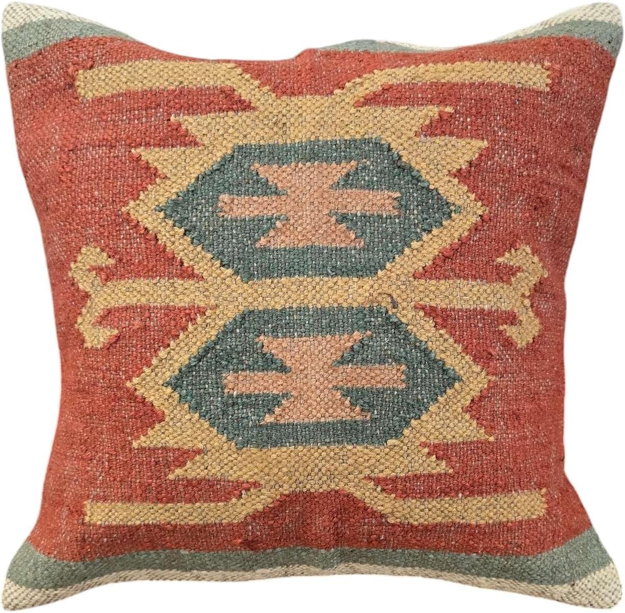 Indian Kilim Pillow Cover 18x18 Inches Handwoven Jute Rug Cushion Cover Decorative Throw Pillows for Home Decor Fall Decor Cushion Case Vintage Pillow Case Wool Jute Cushion Cover