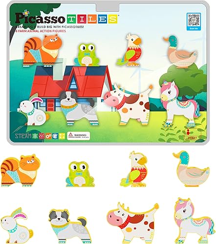 PicassoTiles Juego de 8 piezas de azulejos magnéticos, accesorios de animales de granja compatibles con Picasso, juego de azulejos magnéticos de