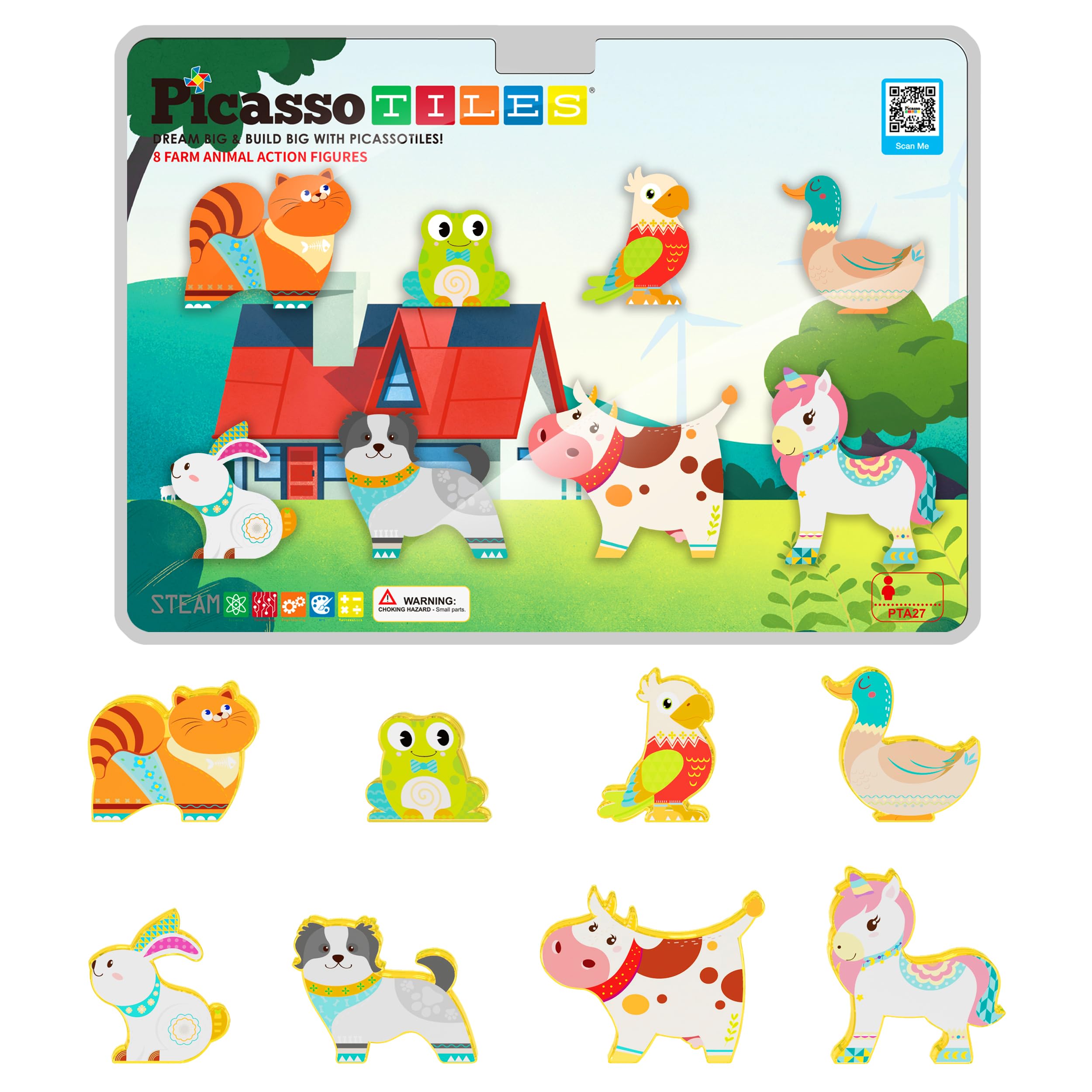 PicassoTiles Magnetic Tiles 8 Character Farm Animal Accessory Add on Set Compatible with Picasso Magnet Tile Playsets Pretend Play Preschool Toy STEM Educational Toys for Learning Kids Ages 3+ PTA27