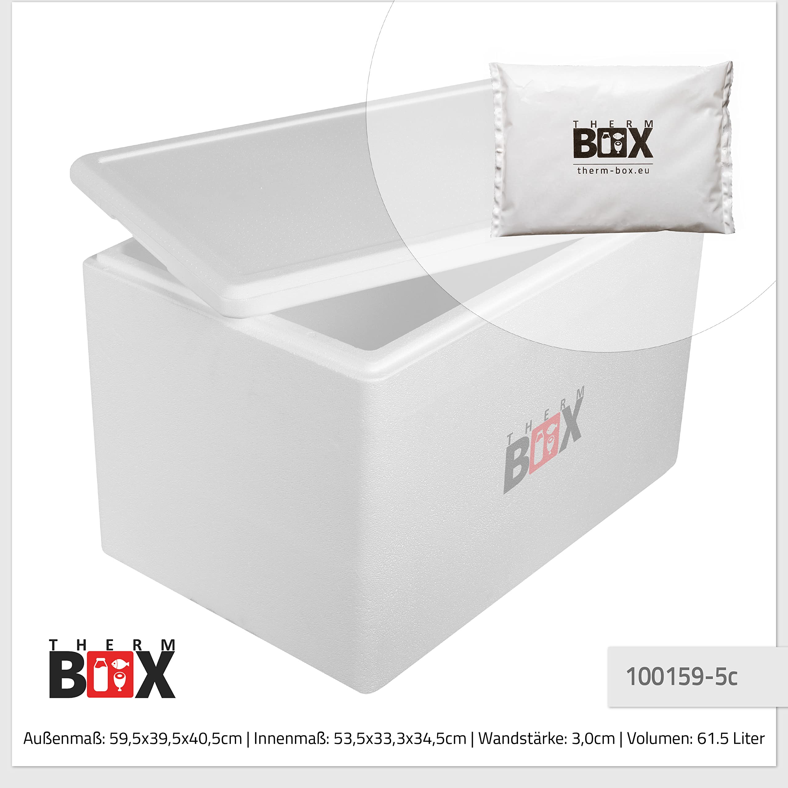 THERM BOX Styroporbox 61W mit 5X Kühlakku für Kühlbox 61,5L Innen: 53x33x34cm Transportbox Thermbehälter Wiederverwendbar