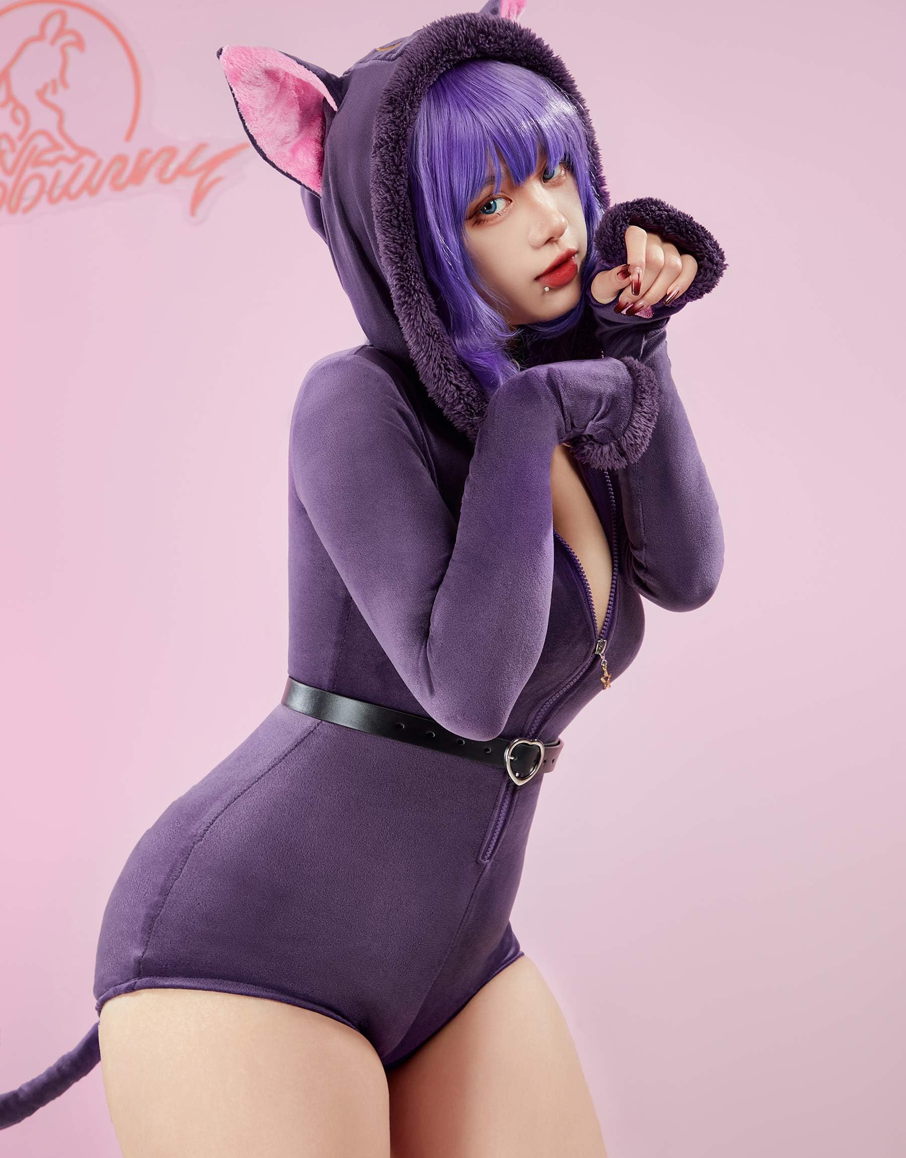 Mobbunny Women's Cute Fluffy Romper Purple Fuzzy Onesie Pajamas Furry Hooded Bodysuit Homewear Jumpsuit: Small Purple