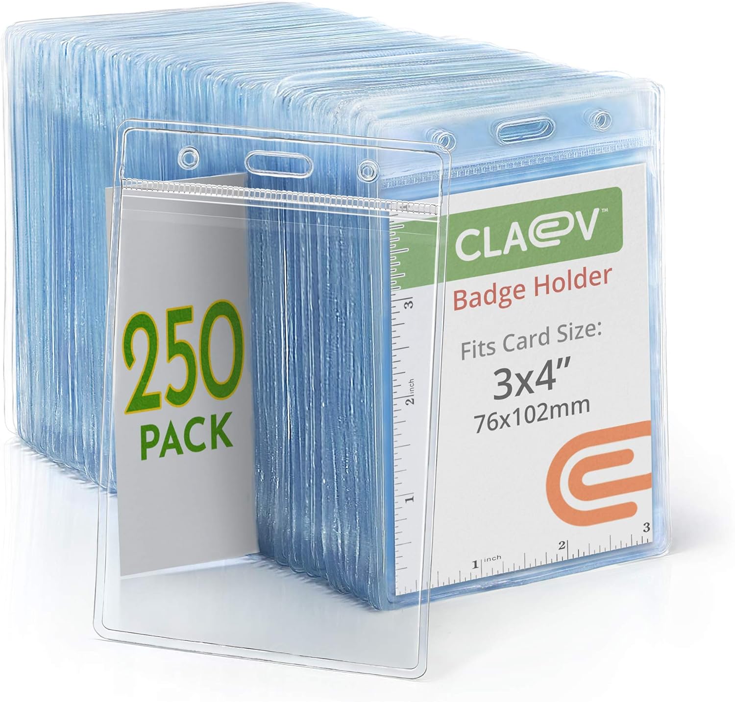 Claev Vertical Large (L) Flexible and Tear Resistant ID Badge Holders (Clear, 3x4 Inch, 250 Pack), Clear Easy Open Plastic Name Card Holders for Conferences, Conventions, Offices & Schools
