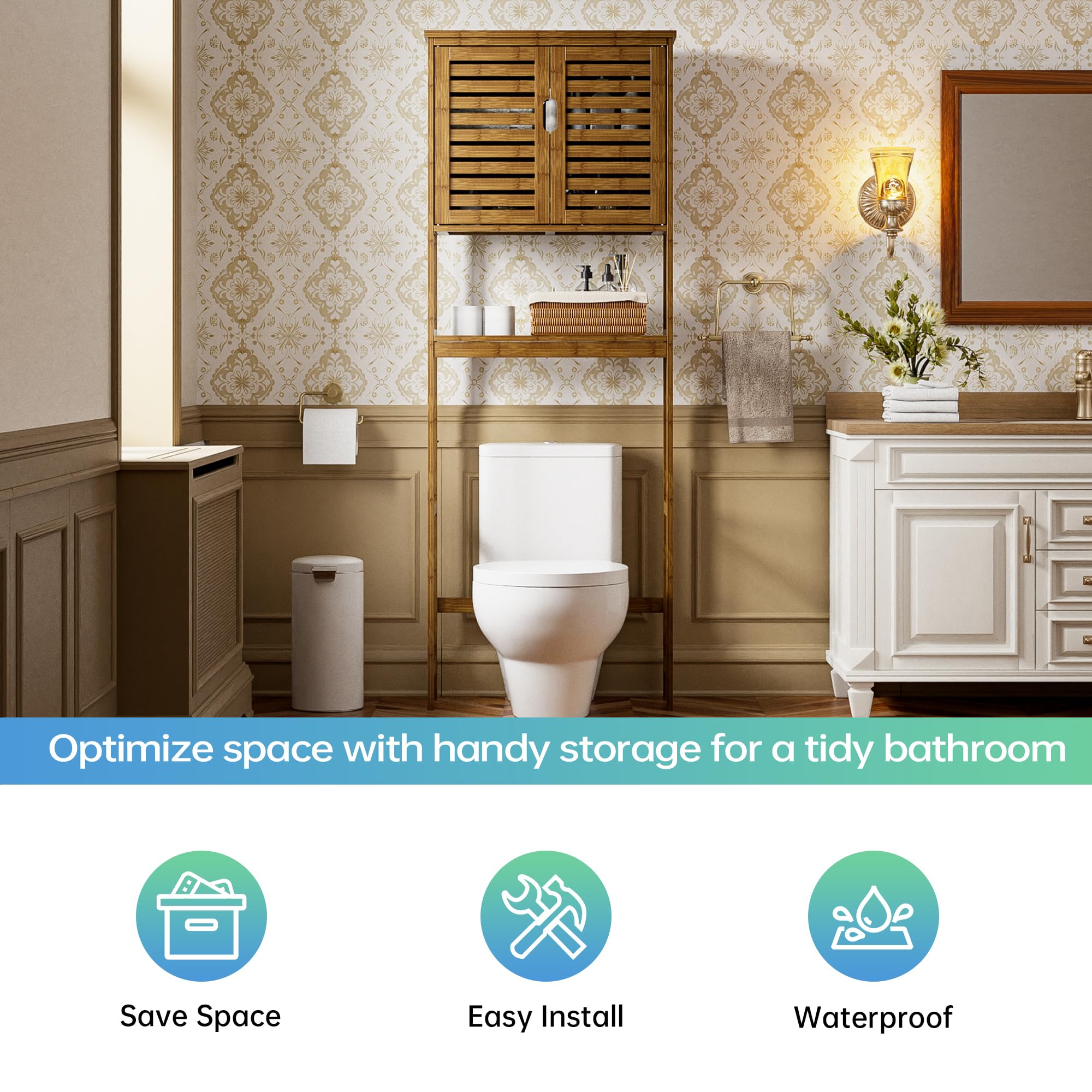 SMIBUY Bad Lagerung Regal mit Schrank, Bambus über die Toilette Veranstalter Rack, freistehende Toilette Platzsparer mit 3-Tier verstellbare Regale (Walnuss)
