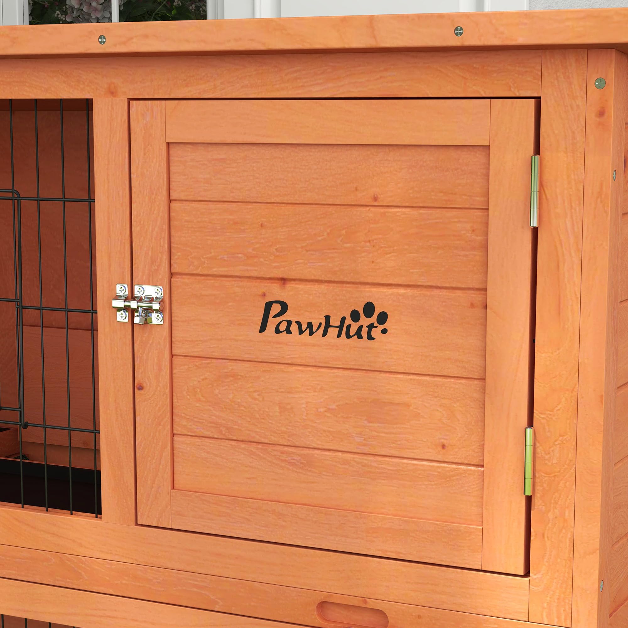 PawHut Hasenstall 2 Etagen aus Holz 123 x 63 x 112 cm Bitumendach Orange | Kaninchenstall, Rampe, Türen, Freilaufgehege, Stahlgitter Kleintierkäfig, für 2 Kaninchen, Outdoor