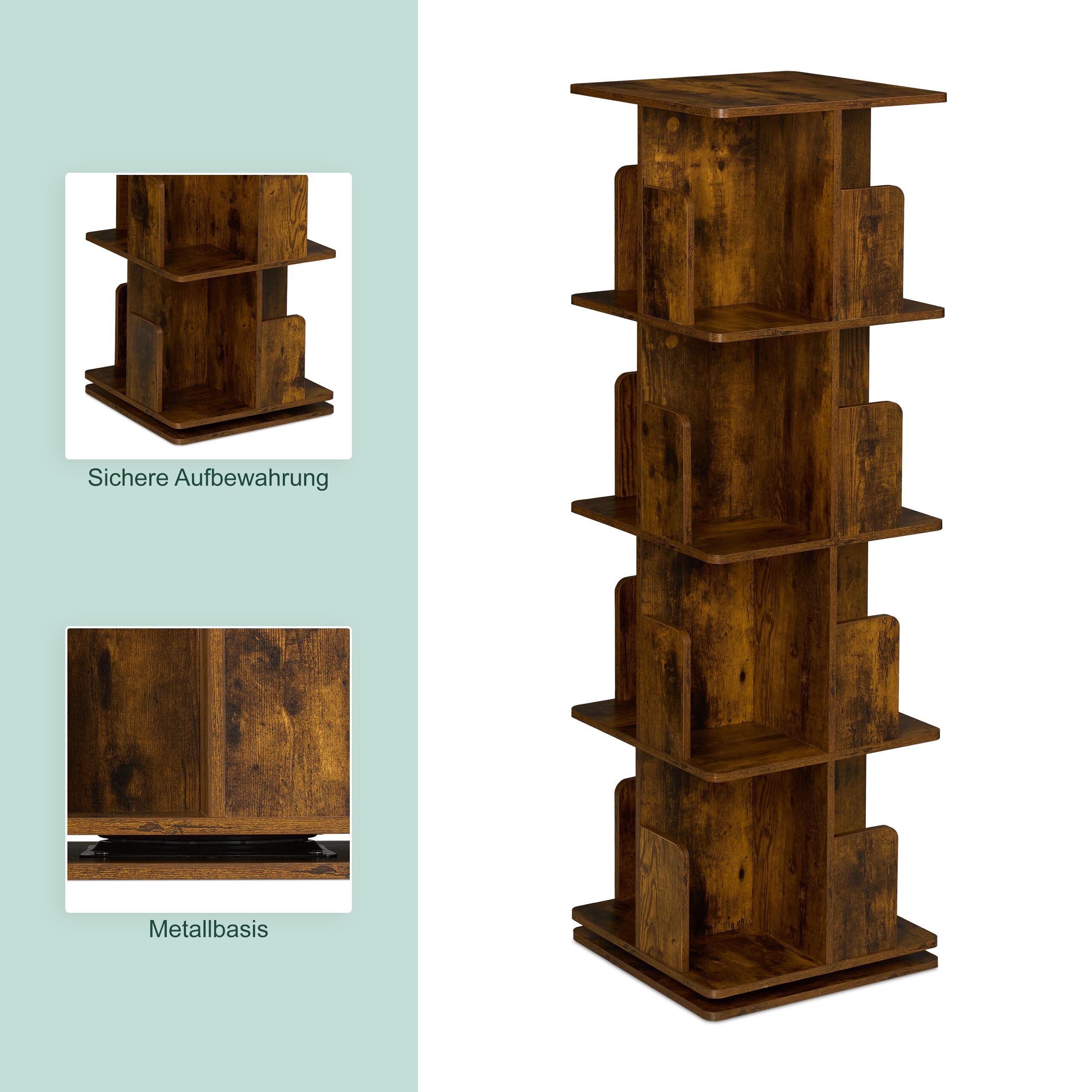 Relaxdays Bücherregal, 360 Grad drehbar, 4 Ebenen, Industrial Design, HxBxT: 125,5x39x39 cm, Wohnzimmer Drehregal, braun