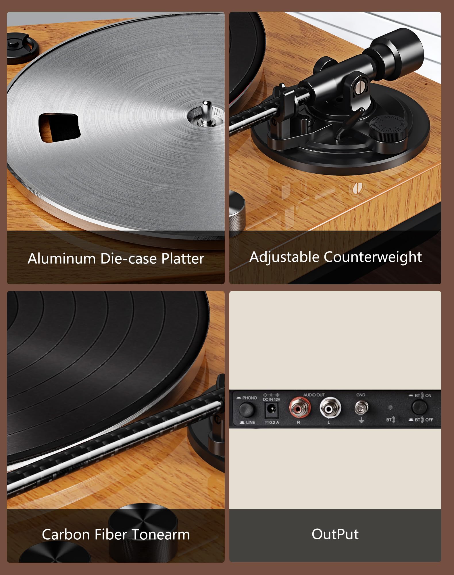 Tocadiscos Bluetooth con lápiz AT-3600L, velocidad ajustable (33 y 45 rpm) – Control antipatines y regulación de tono para un sonido equilibrado y detallado de grano de madera
