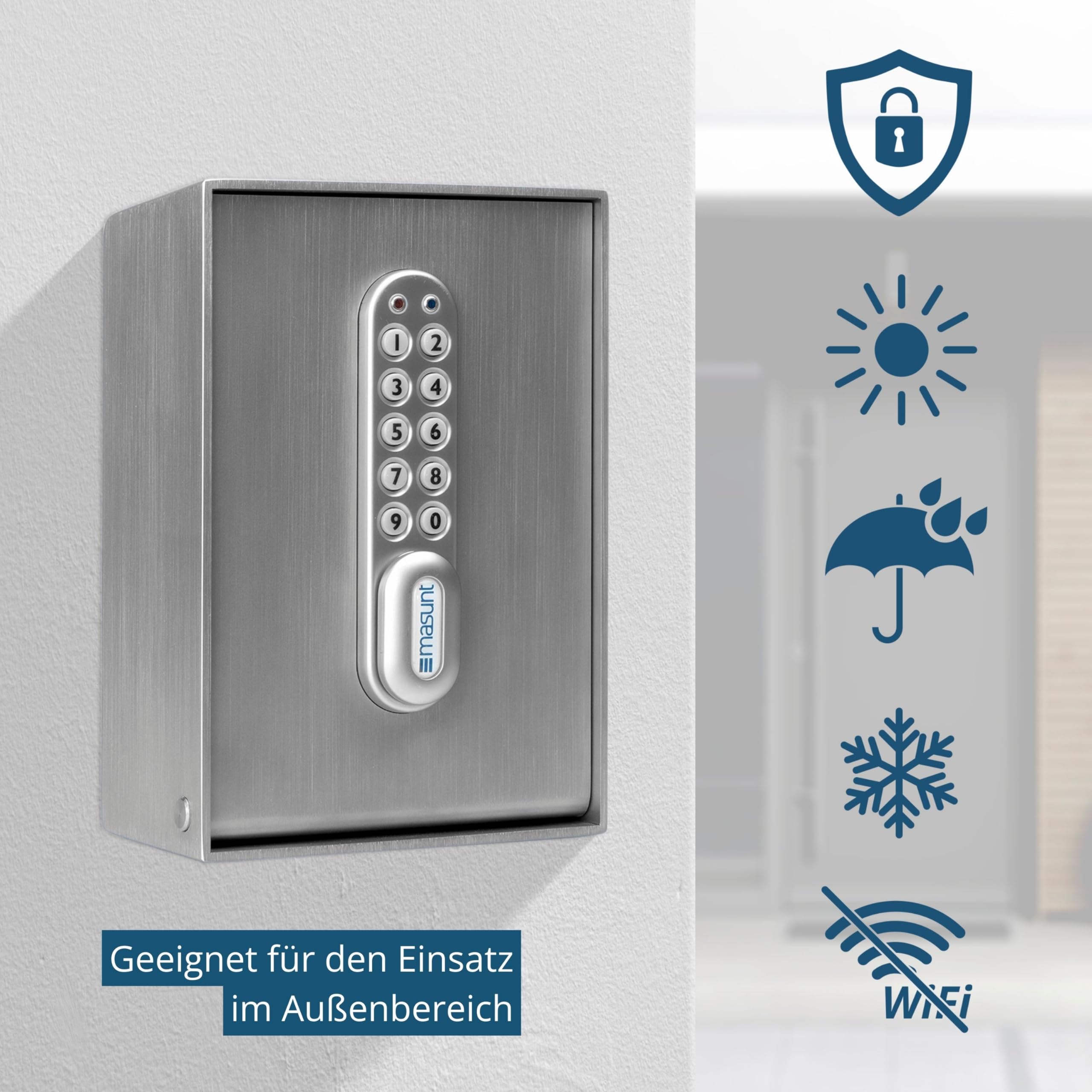 masunt Schlüsseltresor 2120 E Code | innovative Online-Codevergabe aus der Ferne | elektronischer Schlüsselsafe aus massivem V2A Edelstahl | maximale Sicherheit | wetterfest | silber