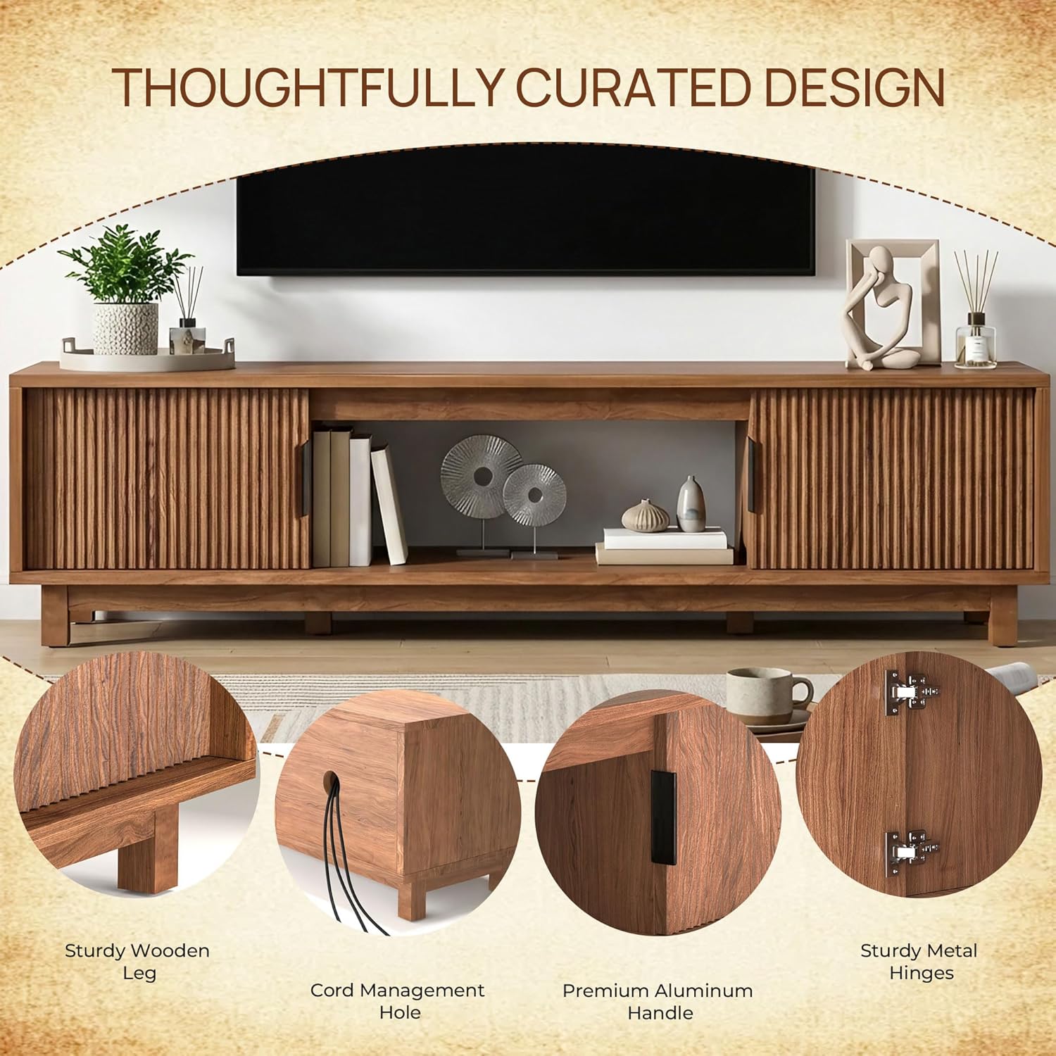 Fluted TV Stand, Mid Century Modern TV Stands for Living Room, Walnut Entertainment Center for 55/60/65 Inch TV, Media Console with Storage Cabinets and Open Shelves, 58" Long