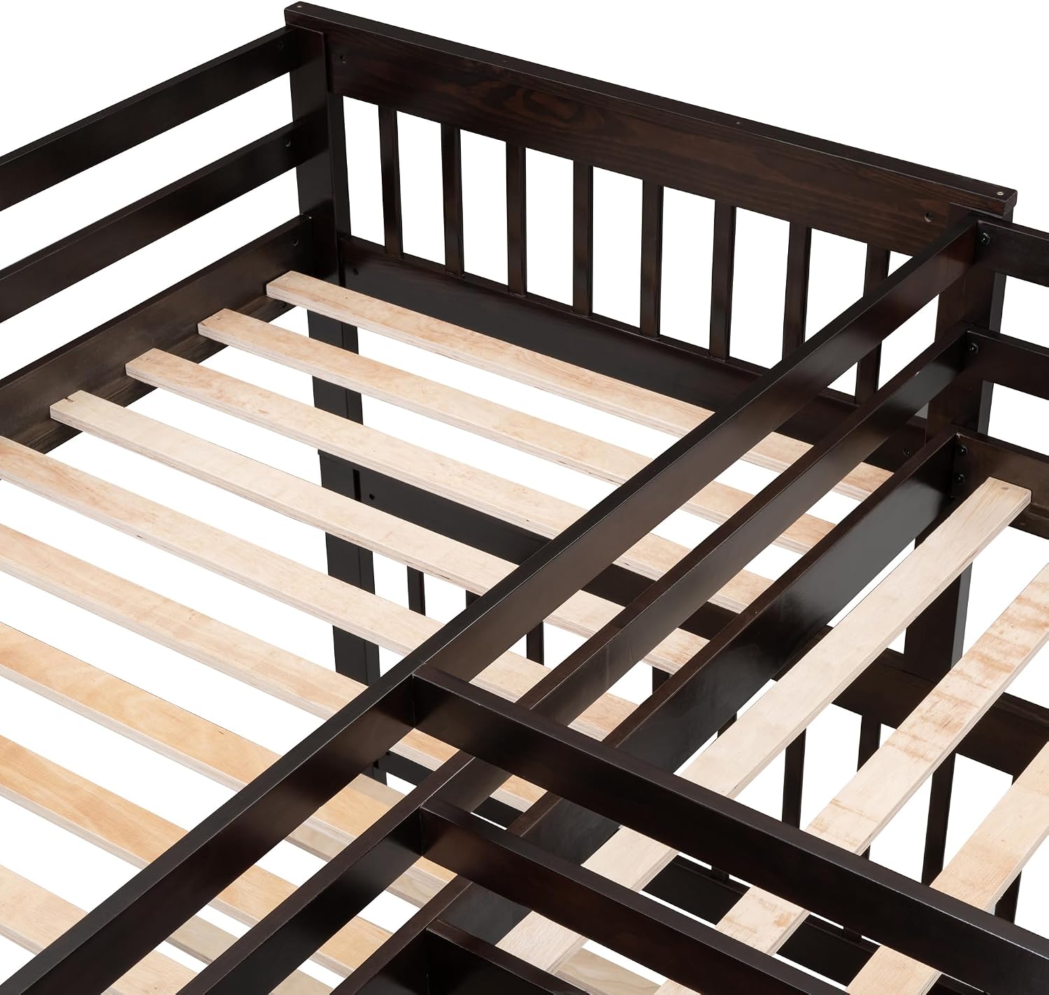 Twin-Twin Over Full L-Shaped Space Saving Bunk Bed with 3 Drawers, Portable Desk and Wardrobe, Kids Wood Bunk Bed with Storage Boxes & Ladder for Teens Adults Guest Bedroom (Espresso)