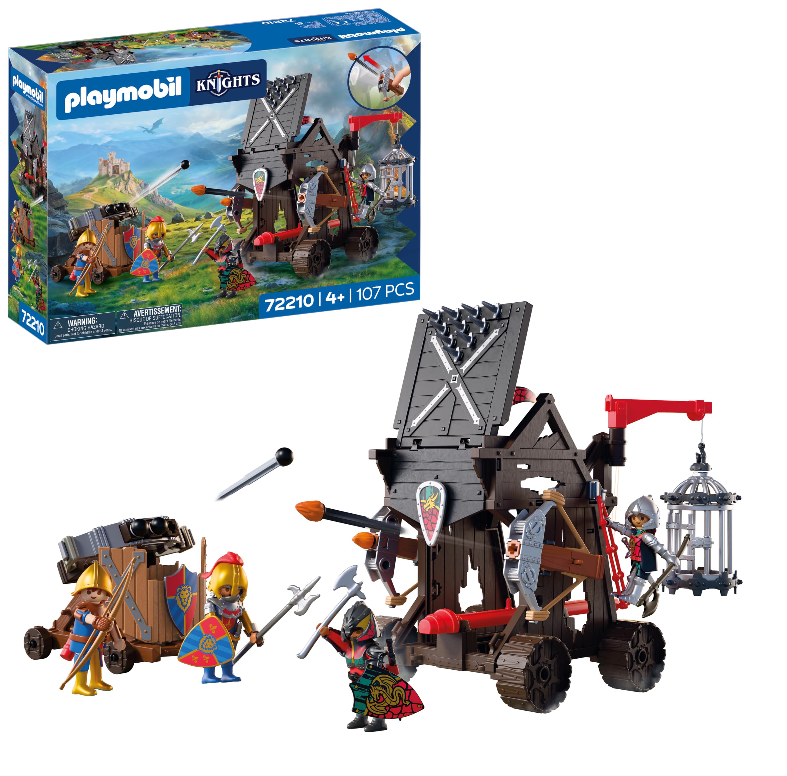 PLAYMOBIL | Knights | Torre de Asalto de los Caballeros del Dragón | Torre de asedio con ariete, balista, Jaula y 4 Caballeros | para niños a Partir de 4 años | 72210