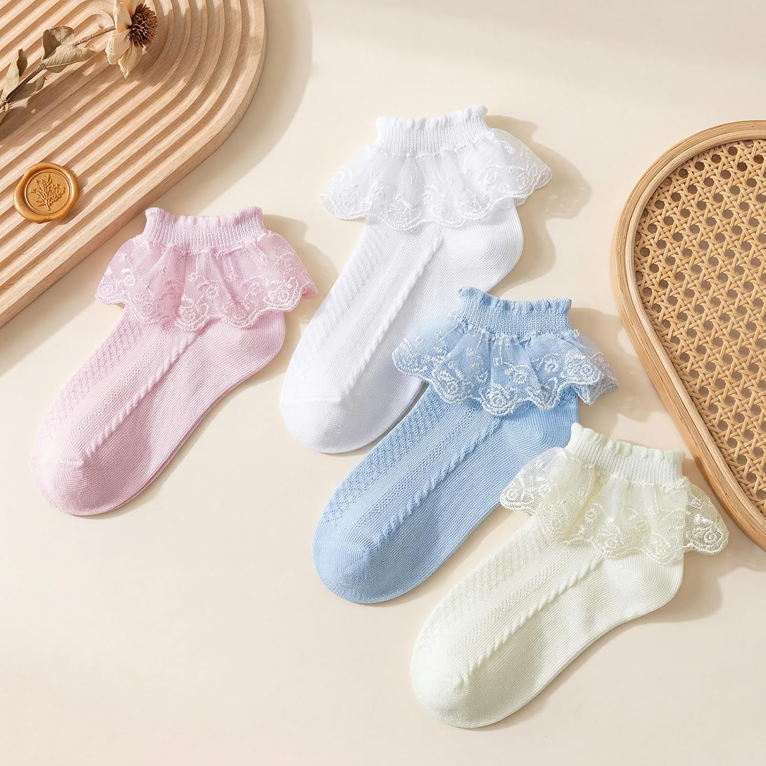 Girls White Lace Frill Socks - Breathable Princess Dress Socks School Uniform Crew Socks for Toddler & Kids (1-10T)