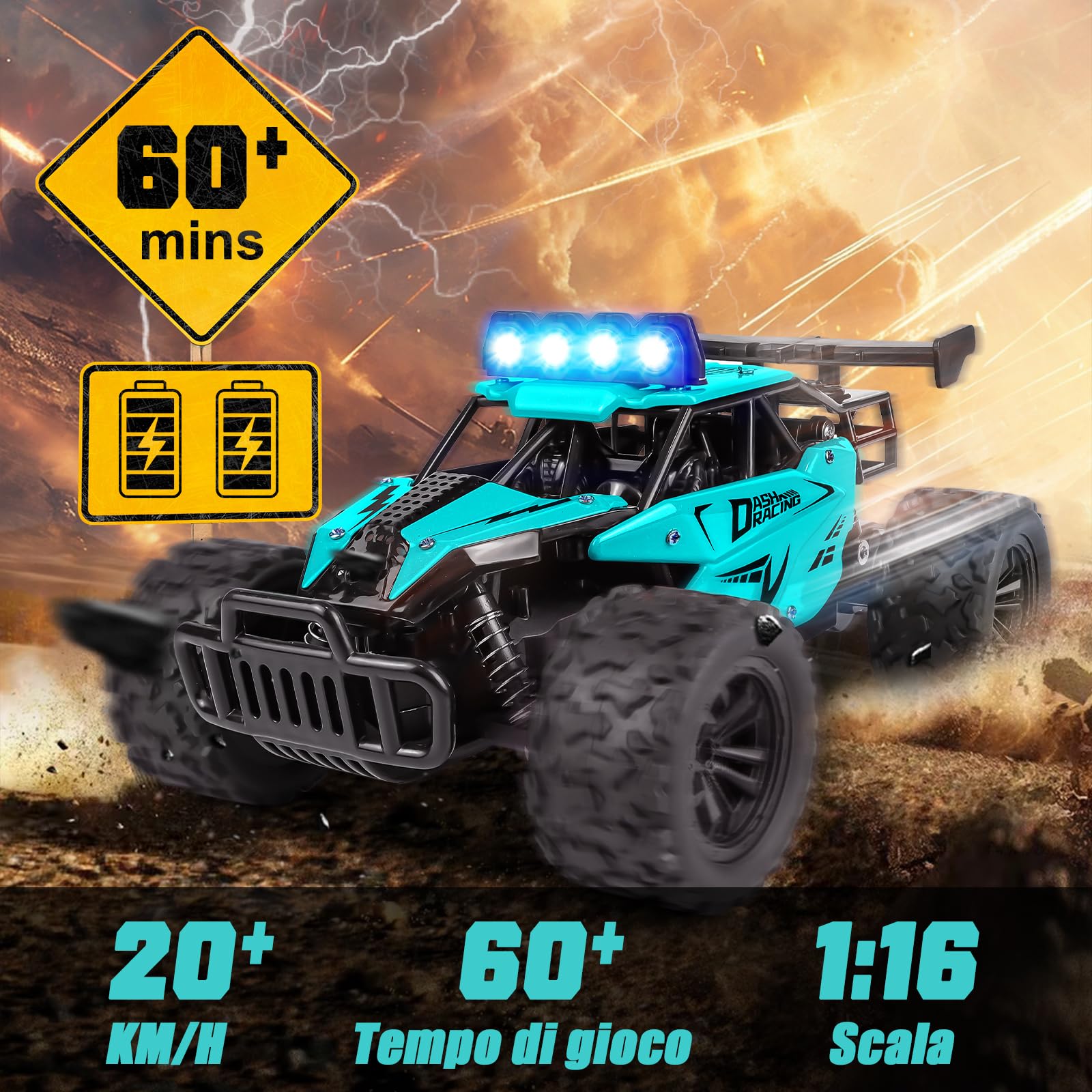 Joellfuner Macchina Telecomandata per Bambini, 2.4Ghz 1:16 Macchina Radiocomandata con Luce LED Quattro Colori, 20KM/H Monster Truck Telecomandato con marce alte e basse per bambini 3+ anni (Ciano)