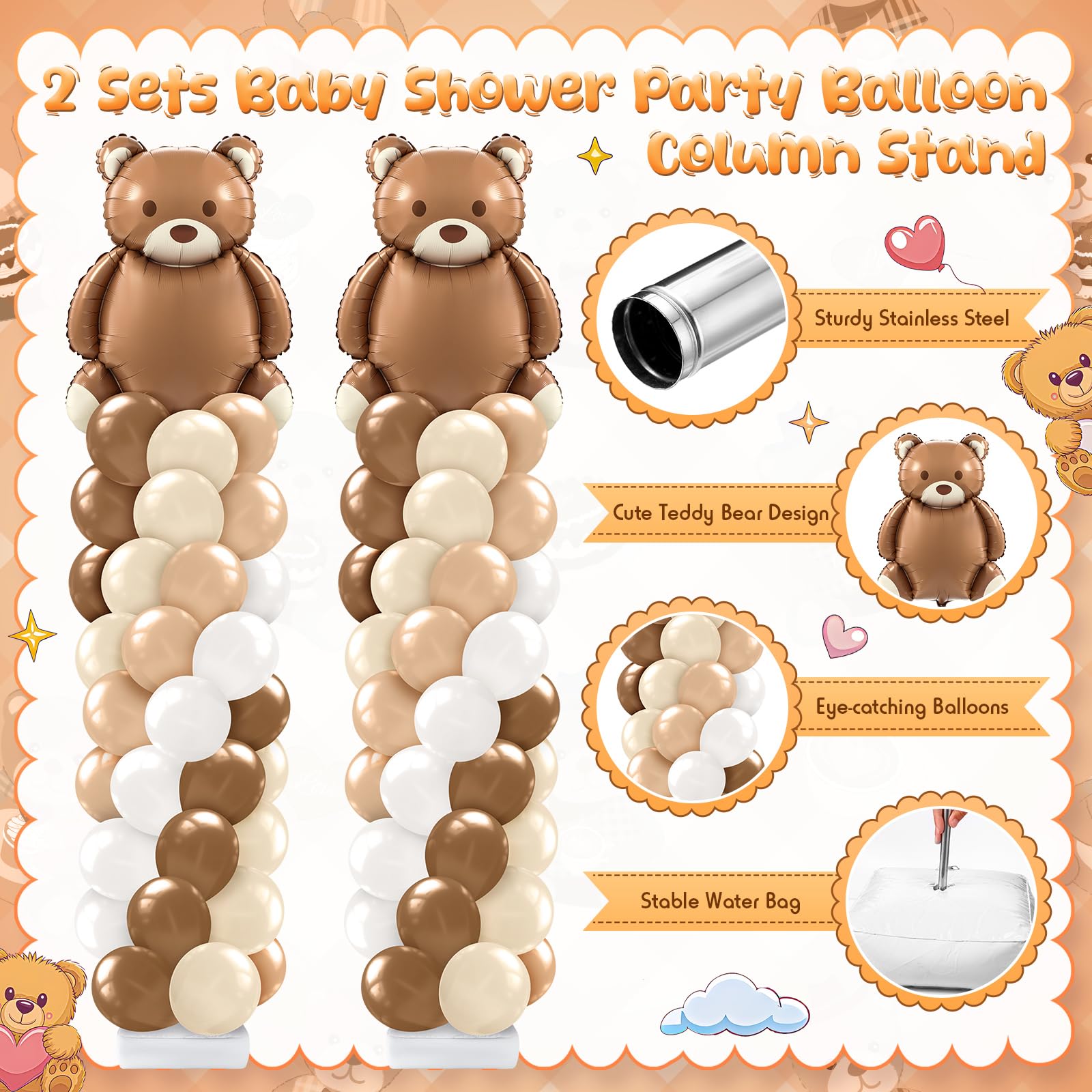 Kasyat Set di 2 set di supporti neutri per palloncini a forma di orso, decorazioni per baby shower con palloncini marroni, beige, nude, marrone chiaro, per baby shower, rivelazione di genere