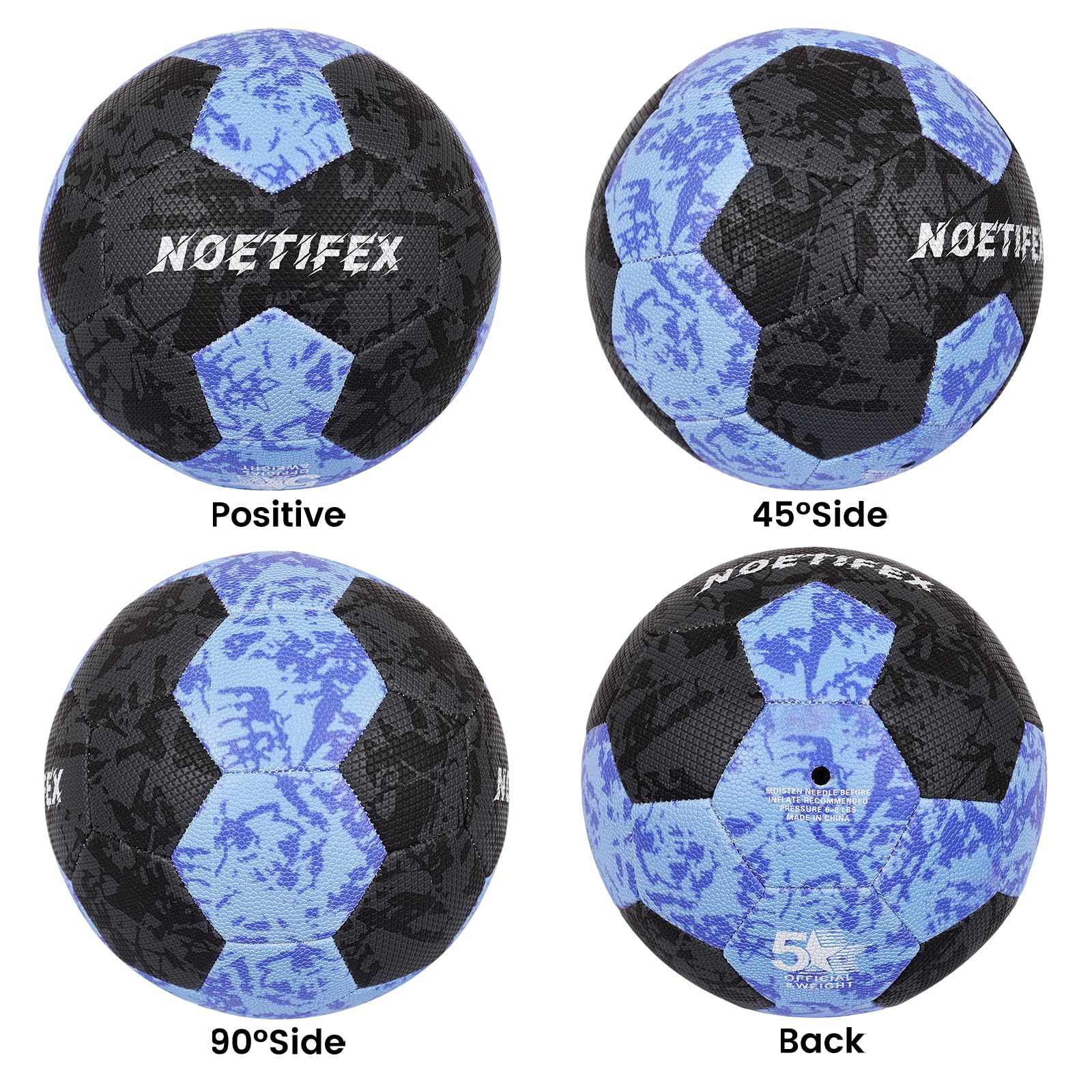 Balón de fútbol tamaño 5 para jóvenes y adultos, piel sintética negra y azul, fútbol duradero cosido a máquina de 32 paneles, costuras ocultas, resistente al agua, pelota de entrenamiento