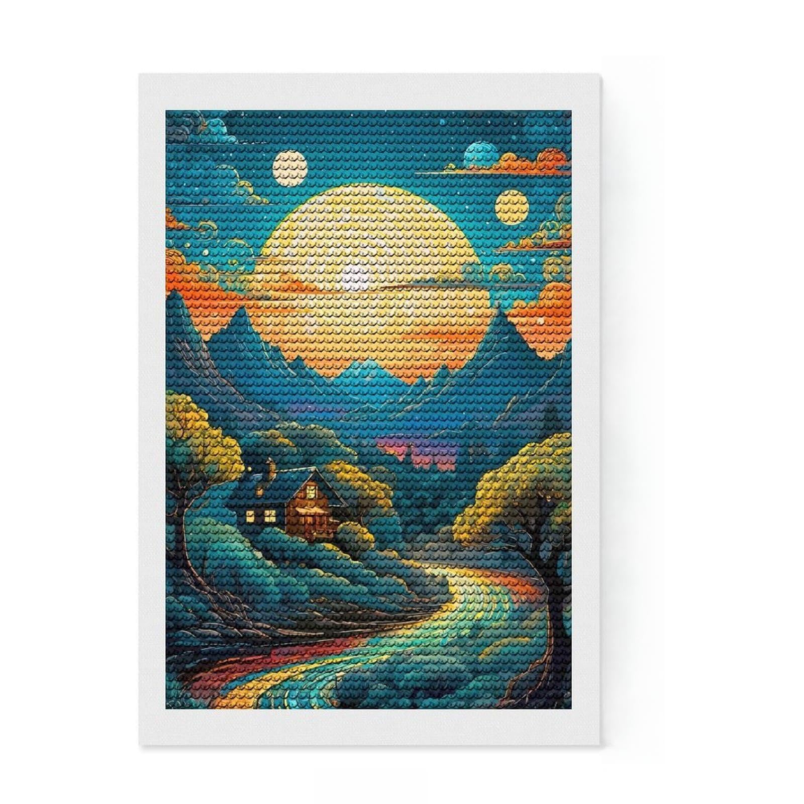 Junmoney Dreamy Mountain Sunset Full Drill Diamond Painting Kit 8"x12", Relaxing DIY, Aesthetic Room Decor, Modern Decor, Decor Project