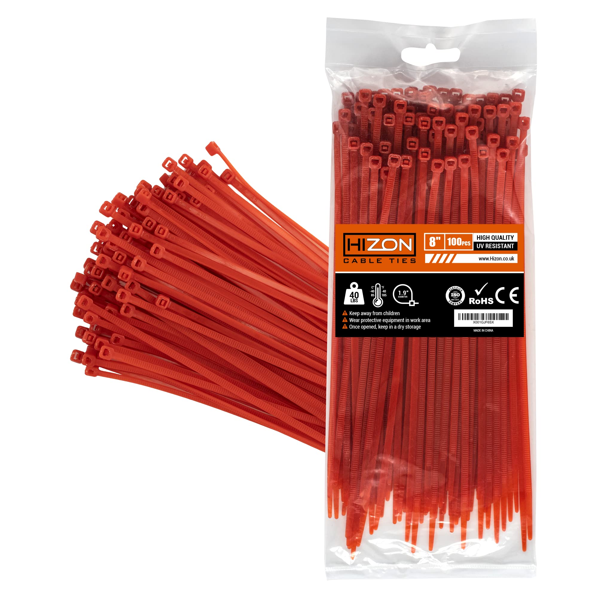 Hizon 100 Pack of Red Cable Ties, 200mm x 3.6mm, 8" Premium Tie Wraps, Nylon Zip Ties, Perfect for Home, Office, Garage and Workshop…