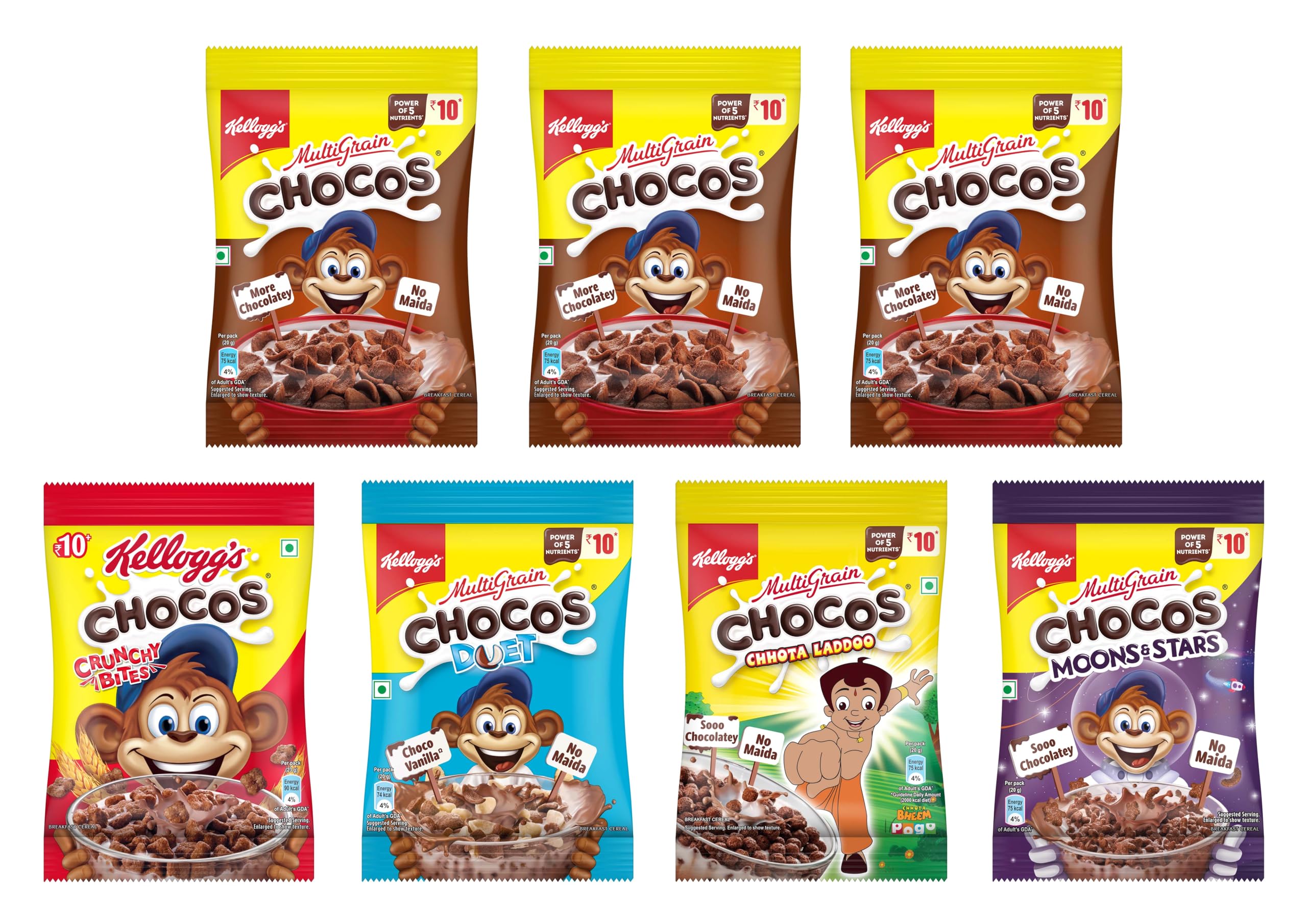 Kellogg's Chocos Variety Pack of 7, 157.5g with Multigrain