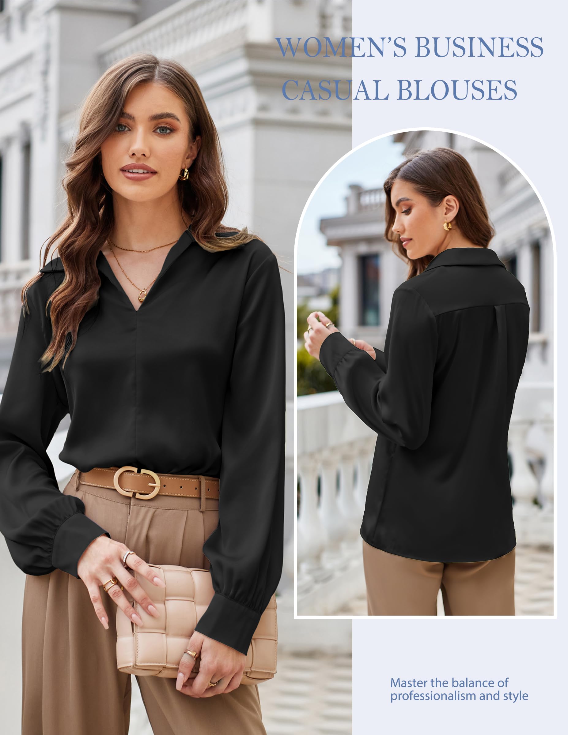 GRACE KARIN Blusa de seda satinada para mujer, cuello en V, manga larga, informal, para el trabajo, sin botones