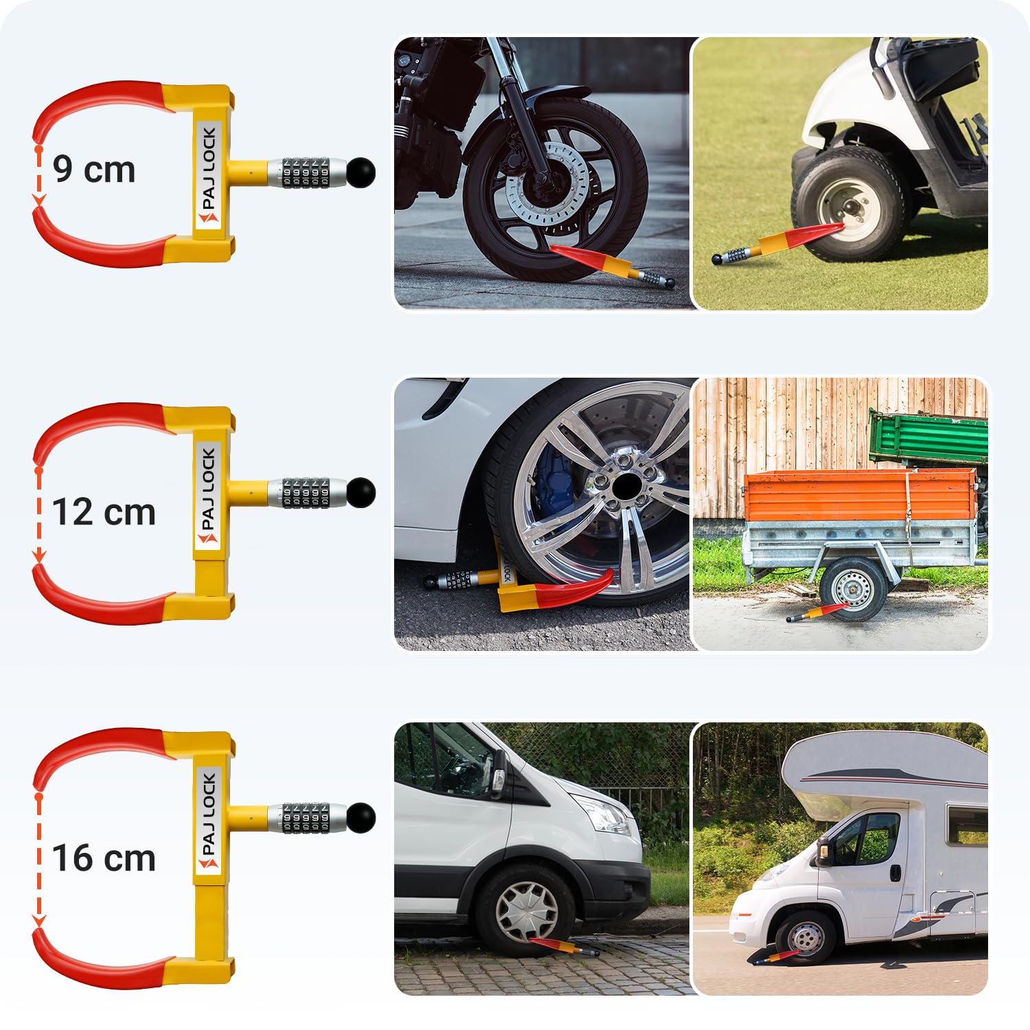 PAJ LOCK - Sabot de Denver - Antidémarrage pour voitures de toutes marques, camions, remorques, motos, caravanes, etc. - Système antivol ajustable – Sabot de Denver robuste avec serrure de sécurité