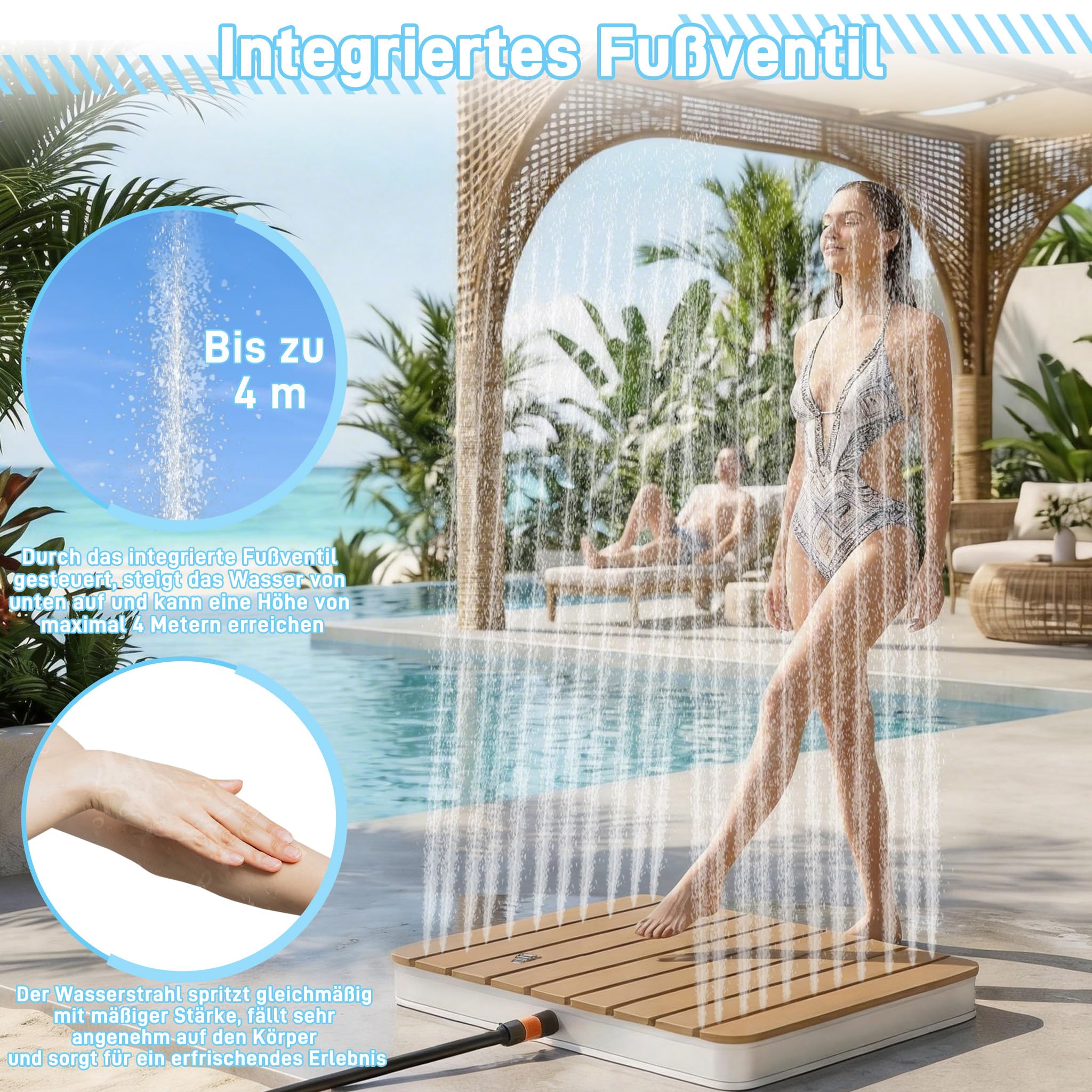 UISEBRT Ducha de jardín exterior de WPC y aluminio, ducha móvil de suelo, ducha solar, ducha de camping, altura de fuente ajustable hasta 4 m, para piscina, jardín, terraza (rectangular, marrón)