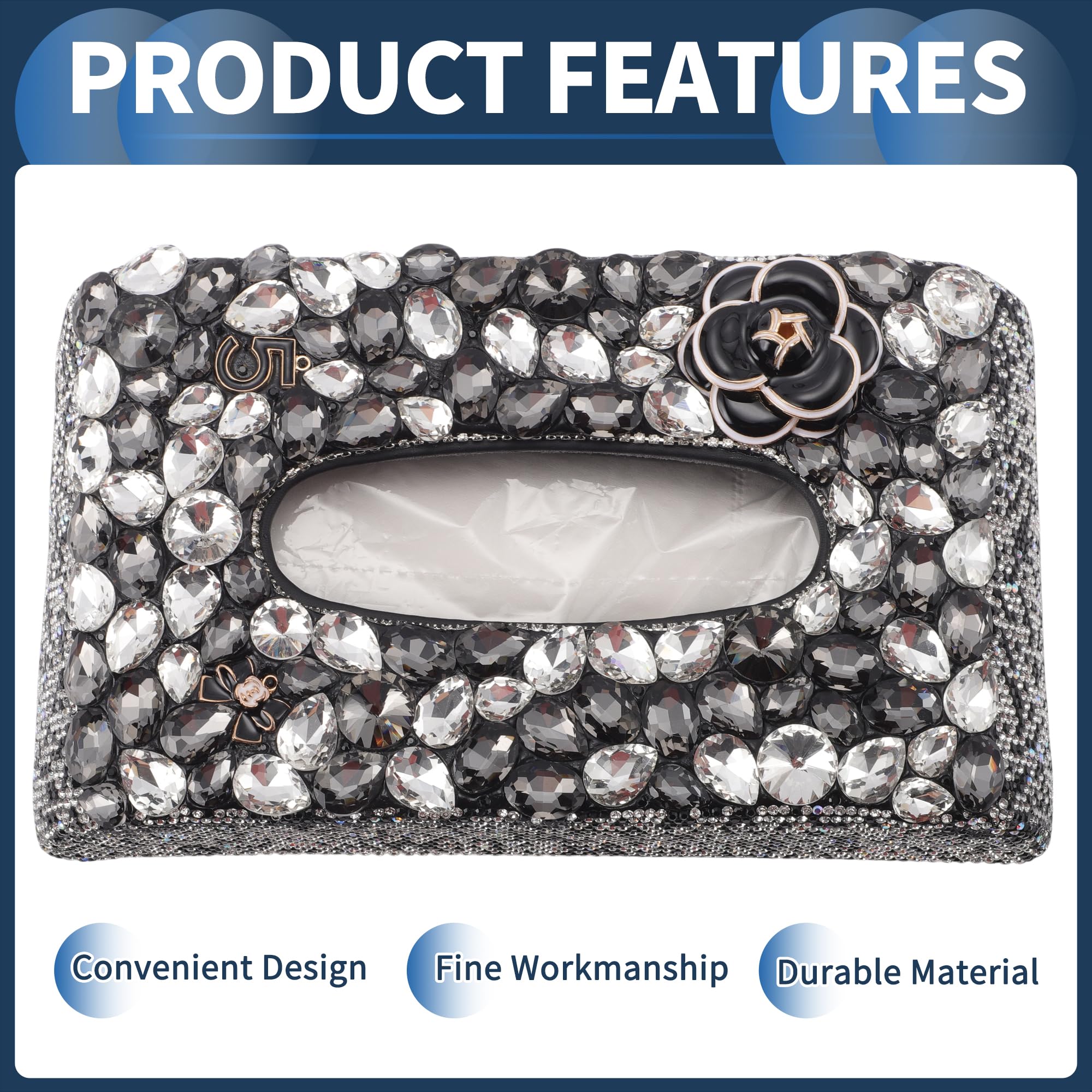 Porte-Mouchoirs pour Voiture Organisateur De Boîte À Mouchoirs pour Voiture Incrusté De Diamants PU Strass 9.45"x5.51"x2.17" Noir 1 Pc