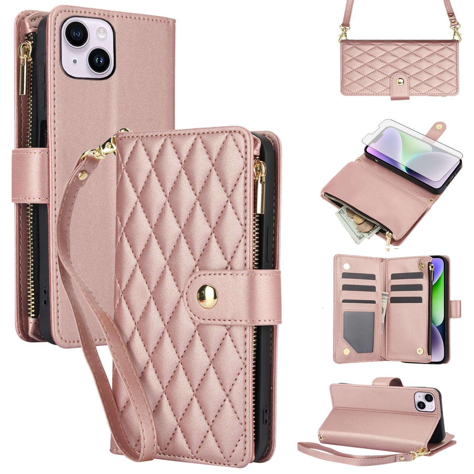 Asuwish Compatible With IPhone 14 Plus 6.7 Inch Wallet Phone Case With Tempered Glass Screen Protector Credit Card Holder Stand Cell Cover For I-Phone