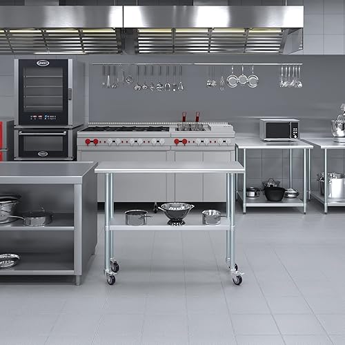 Miniatura 5 de Mesa de trabajo AmGood de acero inoxidable de 18 x 48 pulgadas con ruedas  Mesa móvil de metal  Preparación de alimentos