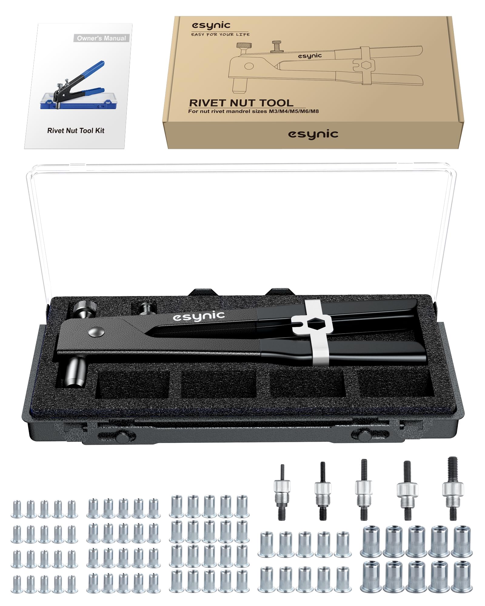 ESYNiC Kit Rivettatrice per Inserti Filettati con 86pz Dadi per Rivetti M3 M4 M5 M6 M8 Pinza Pistola Manuale a Rivetti Professionale per Riparazione Auto Rimorchi Mobili - Nero