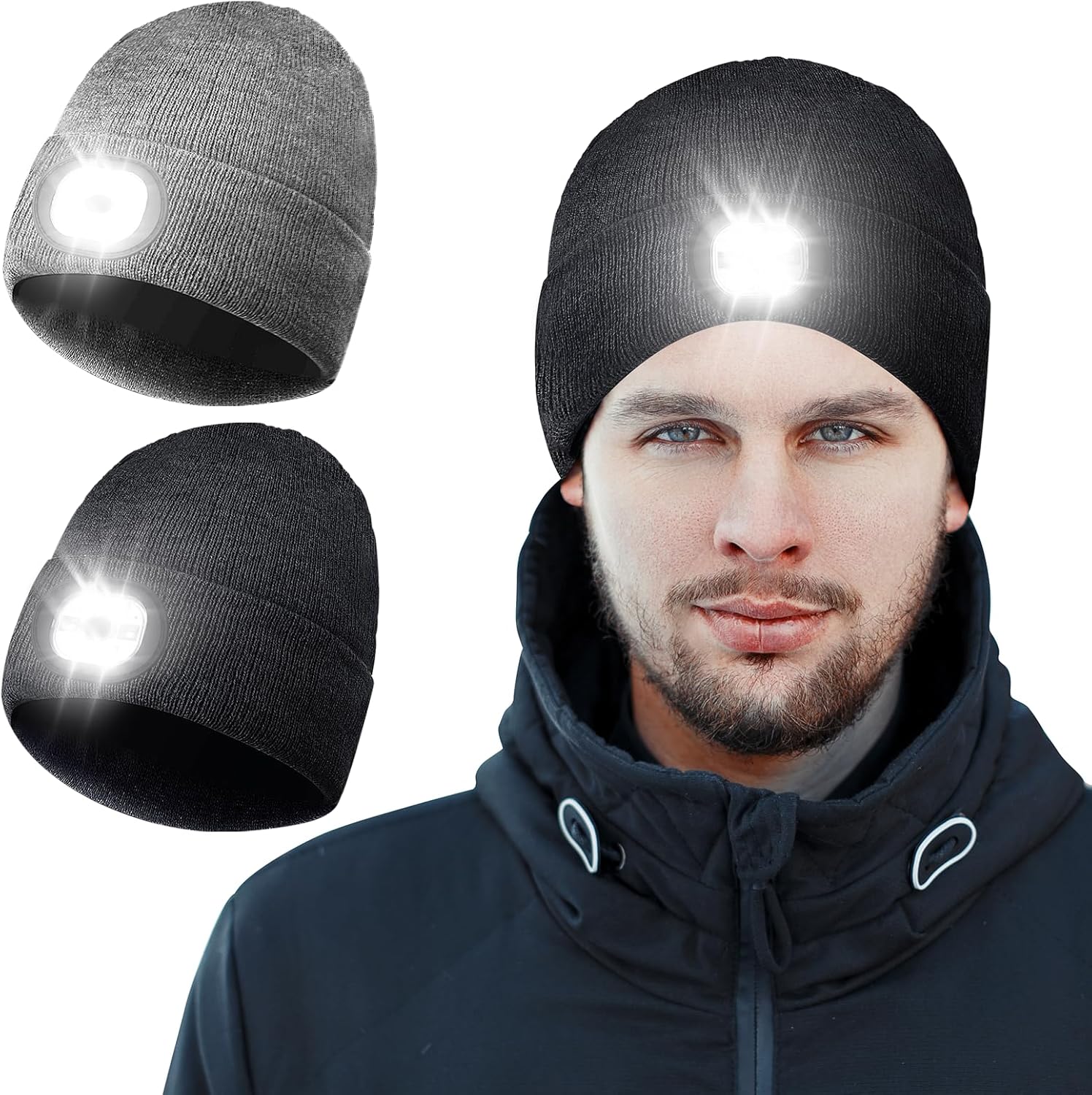Gifts for Men 2 Pack Upgraded LED Beanie Hat with Light, Unisex Knitted