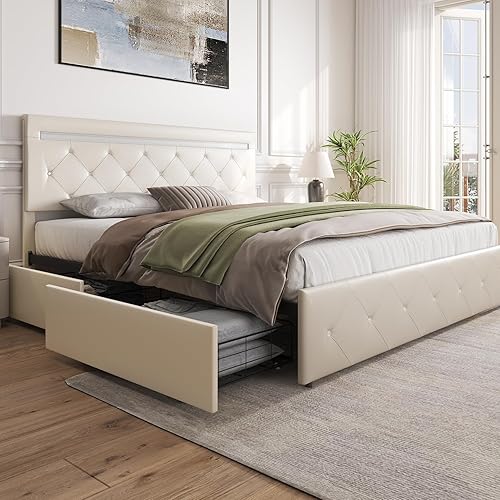 Miniatura 7 de Queen Size Bed Frame with 4 Drawers and Adjustable LED Headboard, PU Leather Upholstered Platform Storage Bed with Charging Station, Wooden Slats
