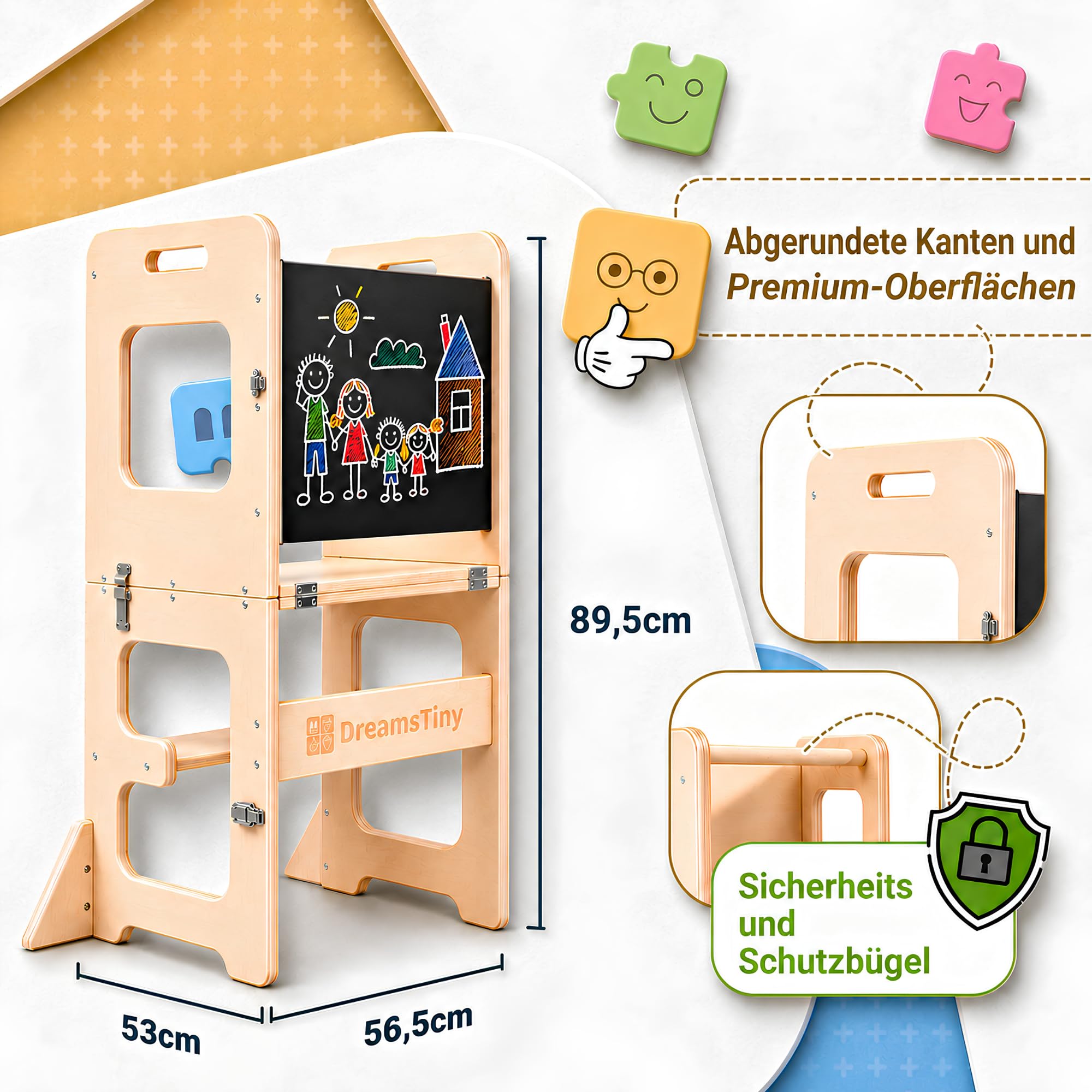 Lernturm ab 1 Jahr Klappbar 3-in-1, Lernturm mit Rausfallschutz | Inklusive Xylophon, Malbuch, Buntstiftbox, Schneidewerkzeug und Montageset, Lernturm Klappbar, Montessori Learning Tower